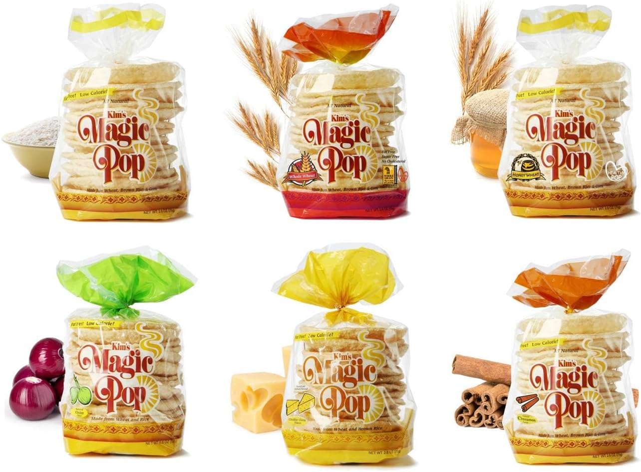 Kim's Magic Pop Freshly Popped Rice Cake Combo A 12 Bags | 15 Cakes per Bag | Vegan | Low Carb, Sugar Free, Fat Free, Natural, Multigrain Korean Snack | Easy Bread, Chip, Cracker Replacement