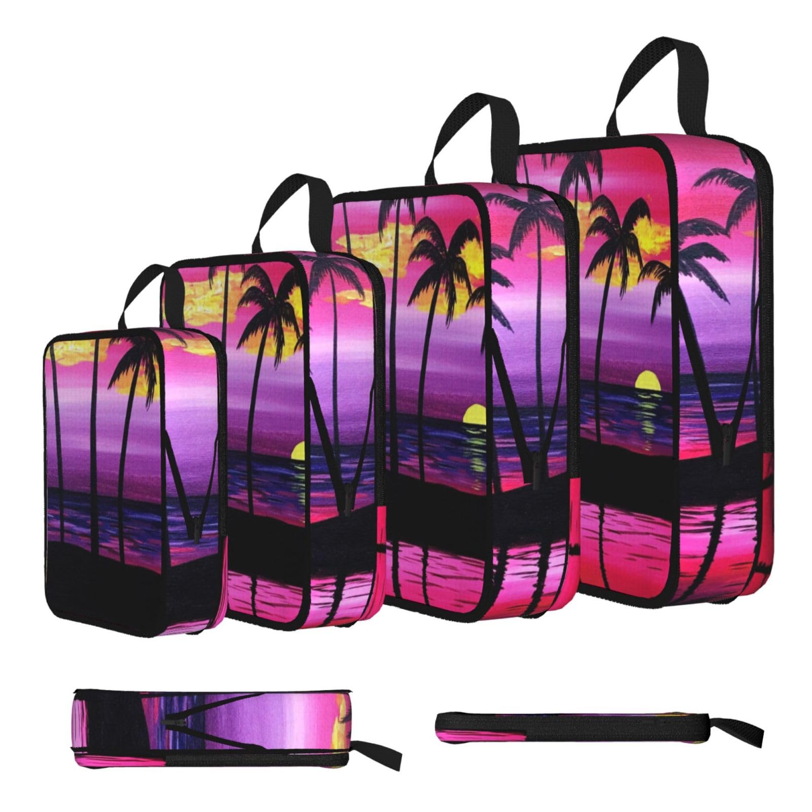 Esnaiuvcd Black Palm Tree Sunset Design Print 4 Set Compression Packing Cubes For Suitcases,Expandable Storage Bags Organizers