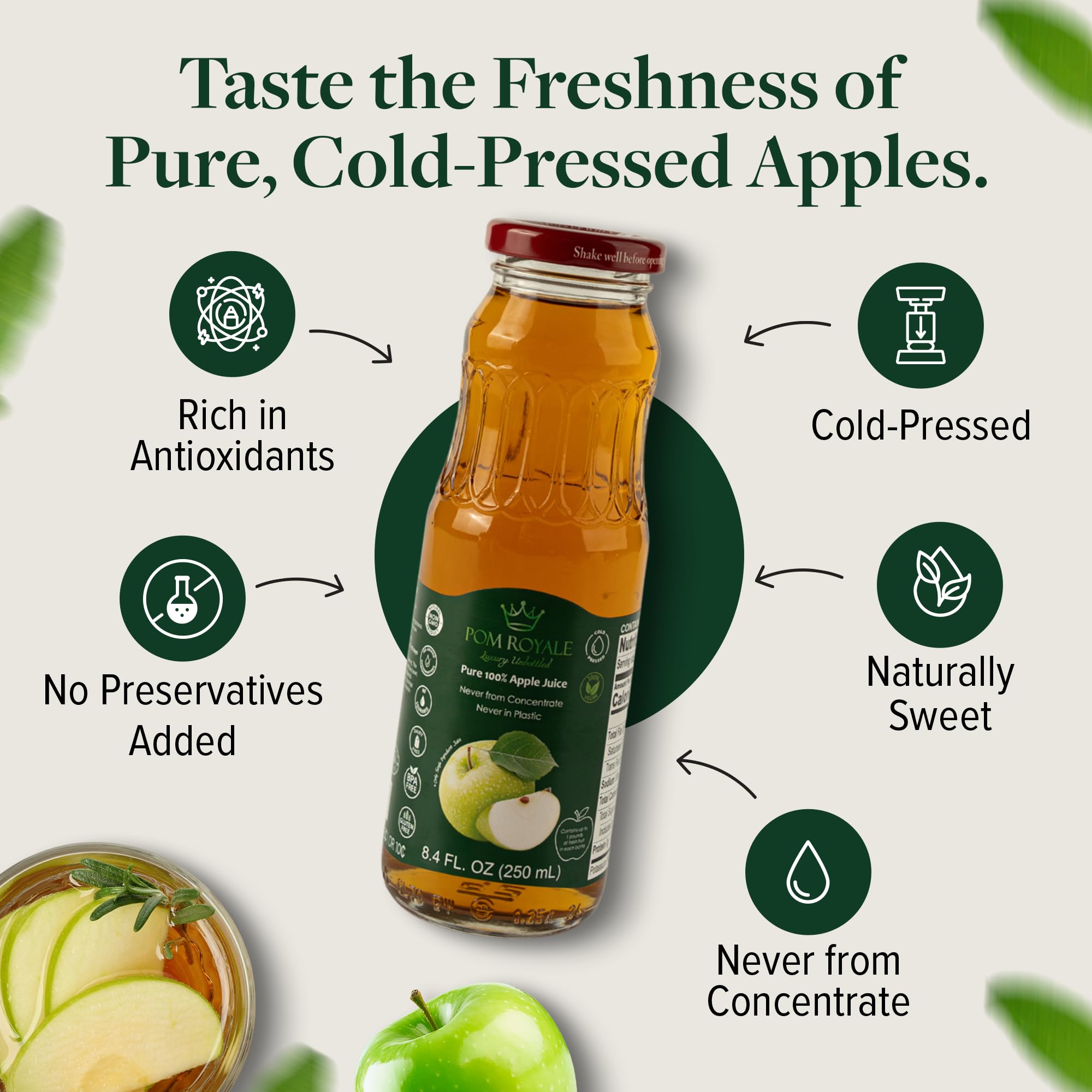 Pure Apple Juice, 8.4oz Glass Bottle (Pack of 12), Cold Pressed Juice, Not from Concentrate, Non-GMO, No Sugar Added, Gluten Free, Kosher Certified, Preservative Free — view 4
