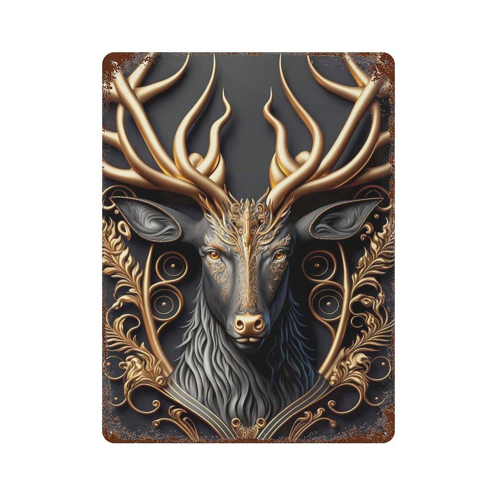 King Deer Golden Art Deco Distressed Metal Wall Sign 15.7"x11.8", Rustic Home Decor for Living Room, Hallway And Home Decor