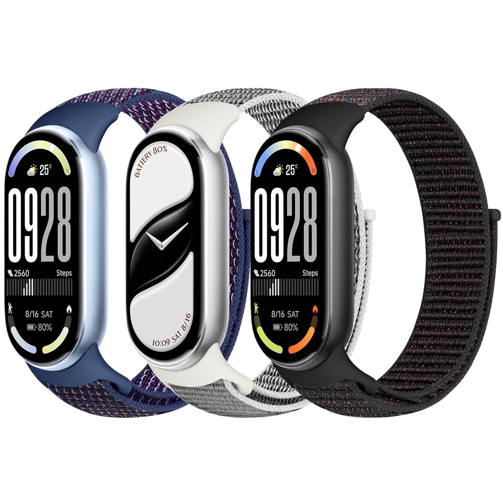 Nylon Sport Band Compatible with Xiaomi Smart Band 10/9/8 for Women Men, Soft Adjustable Breathable Sport Loop Watch Strap Replacement Wristband for Xiaomi Mi Band 10/9/8, 3pcs