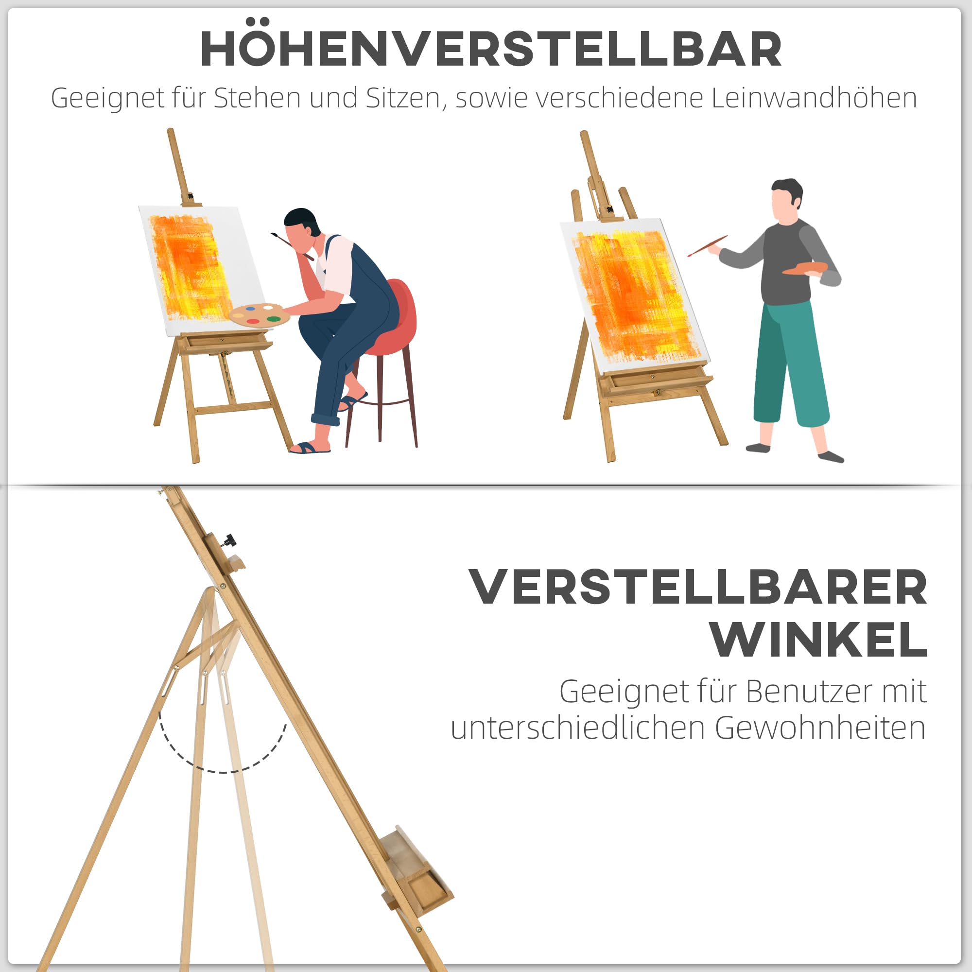 Vinsetto Staffelei Standstaffelei Klappbar Höhenverstellbar bis 120 cm | Atelierstaffelei, Leinwand Ständer mit Halterung für Leinwände, Kunstmalerei, Holz