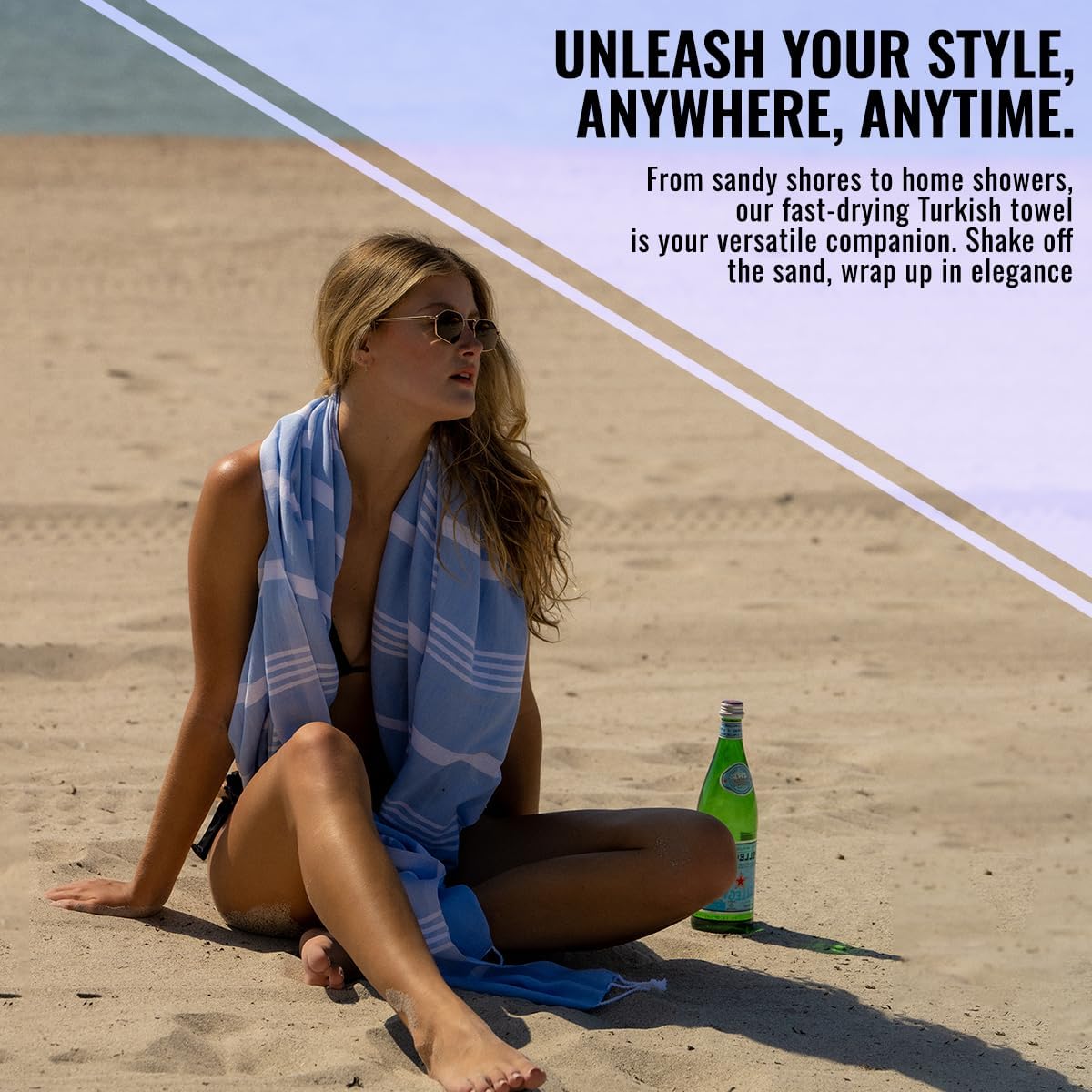 Beach Towel 100% Cotton Turkish Beach Towel Adult 38x70 Inch Pre-washed Absorbent Extra Large|Sand Free Quick Dry BathTowels|Lightweight Blanket|Travel Cruise Camping Spa Gym Yoga Towel|Airy Blue