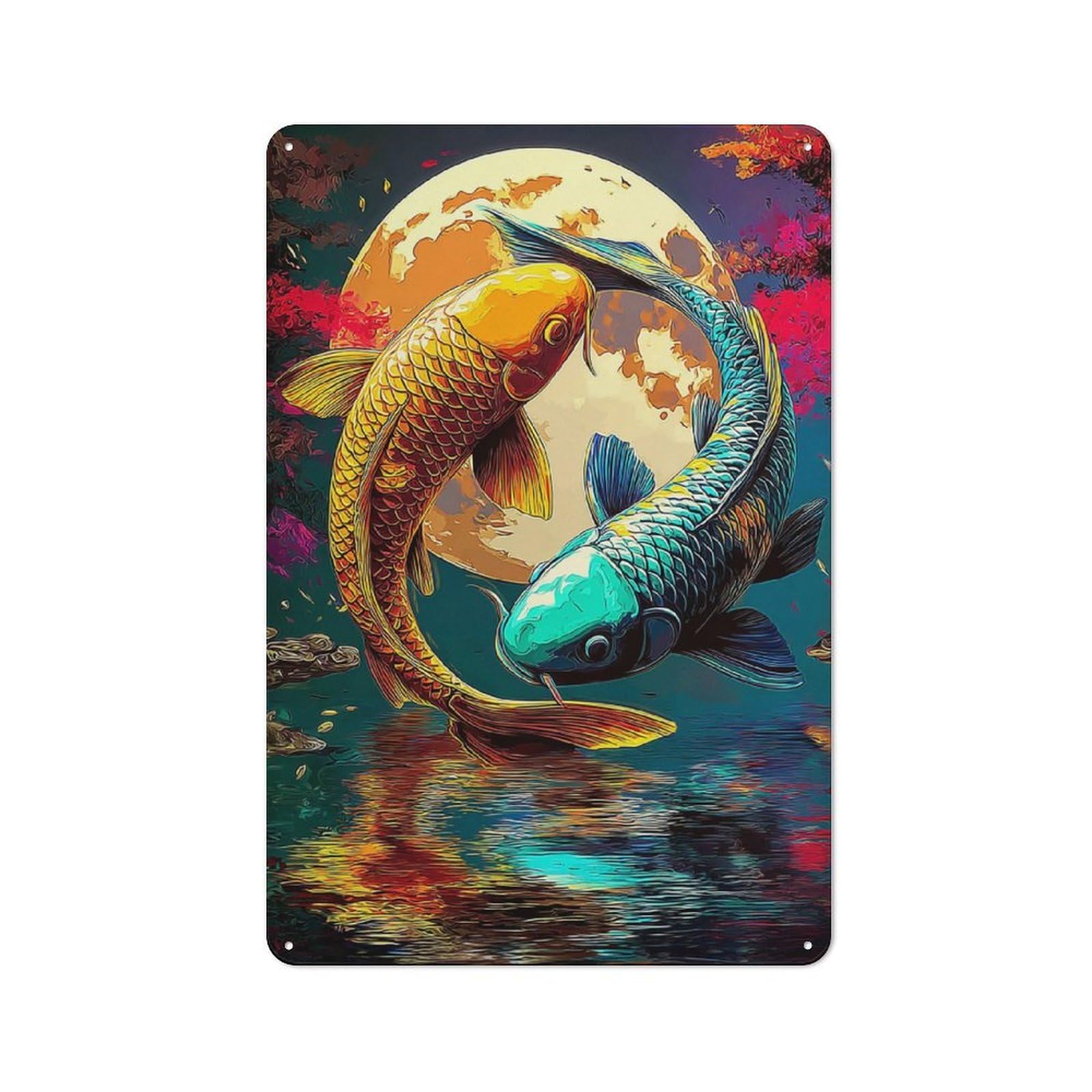 Koi Fish Moon Reflection Artwork Classic Metal Wall Decor 30x20cm, Decorative Tin Plaque for Cafe, Pub, Workshop Or Home Bar