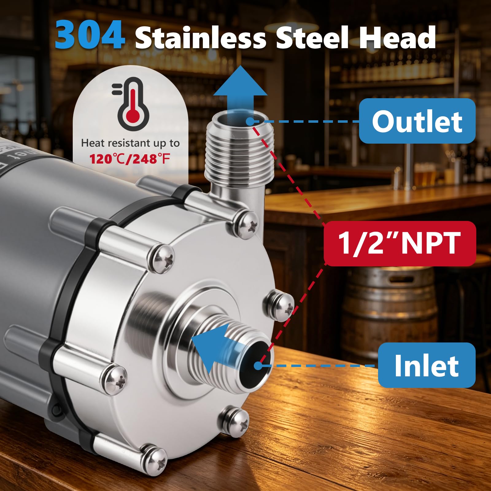MXBAOHENG Pompa Magnetica per Birra 15 W Pompa a trasmissione magnetica Pompa per birrificazione domestica con testa in acciaio inox Resiste a temperature 120 °C per liquidi come malto, bevande, acqua