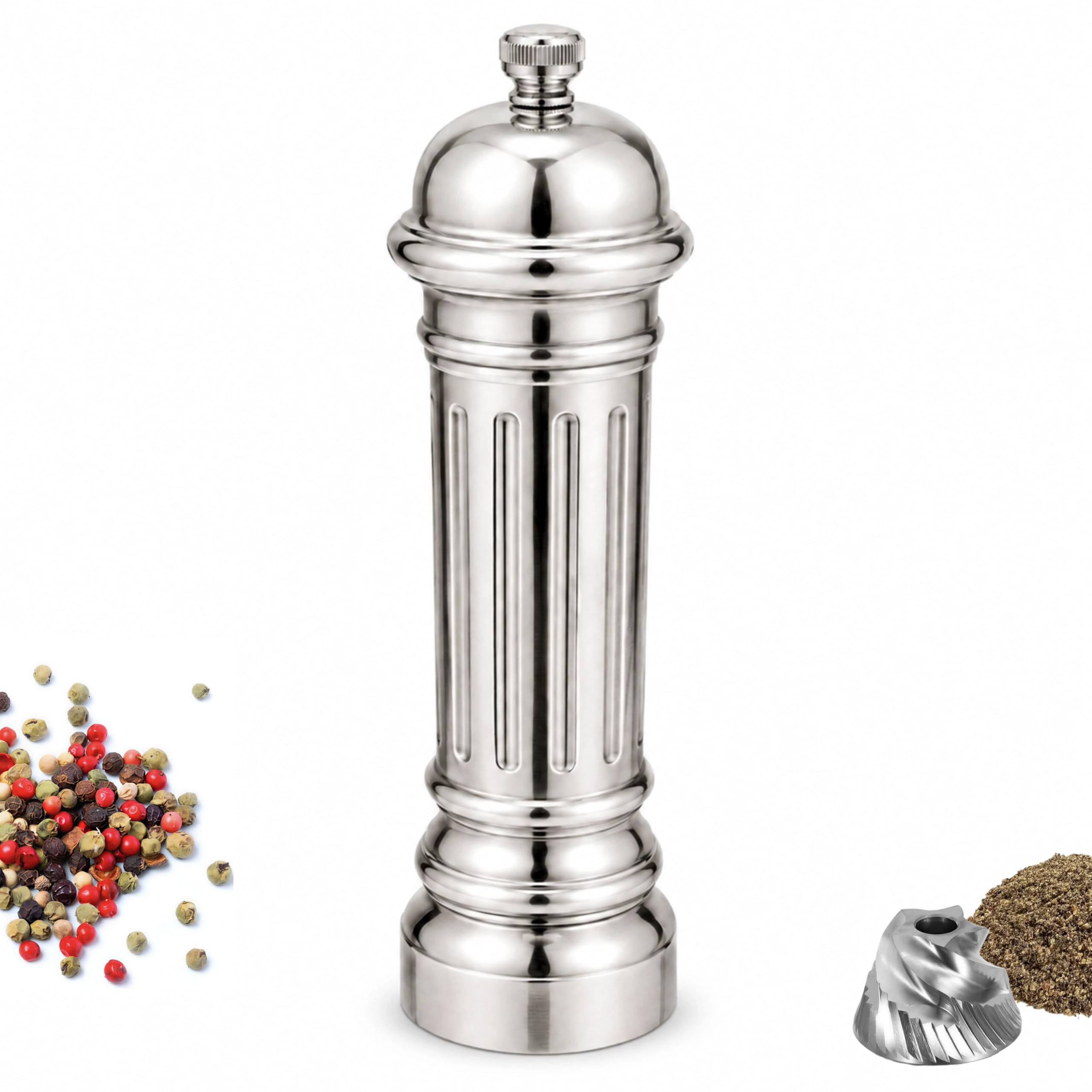 Metall-Pfeffermühle mit Edelstahl-Mahlwerk, Hochwertiger Pepper Grinder mit einstellbarem Mahlgrad, Vollmetallgehäuse, nachfüllbar (Silber)
