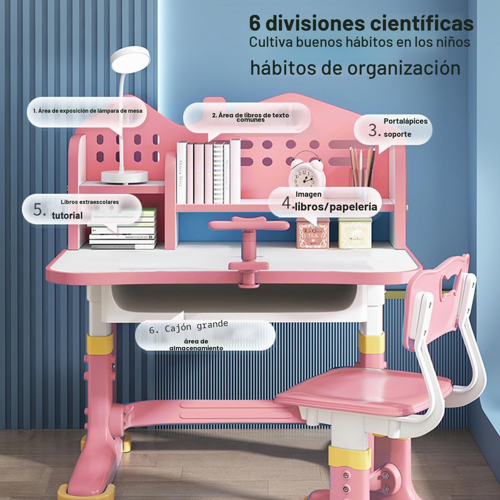 Juego de Sillas y Escritorio Infantil - Altura Regulable para Niños y Niñas - Diseño de Dibujos Animados Con Cajón