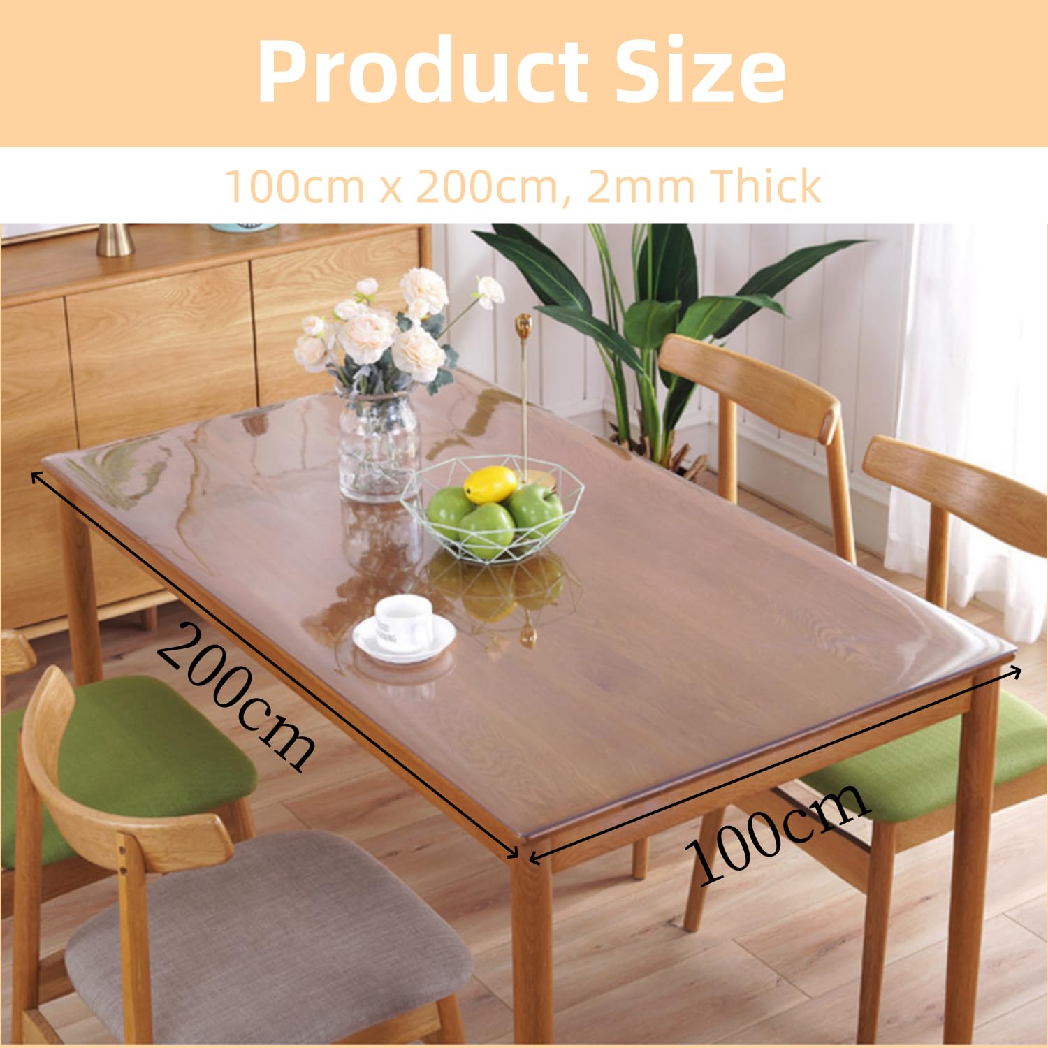 Nappe de table en PVC transparent,200x100 cm,2 mm d'épaisseur,Protection de table en plastique transparent,Imperméable et résistante à l'huile,Pour la cuisine, la salle à manger, le bureau