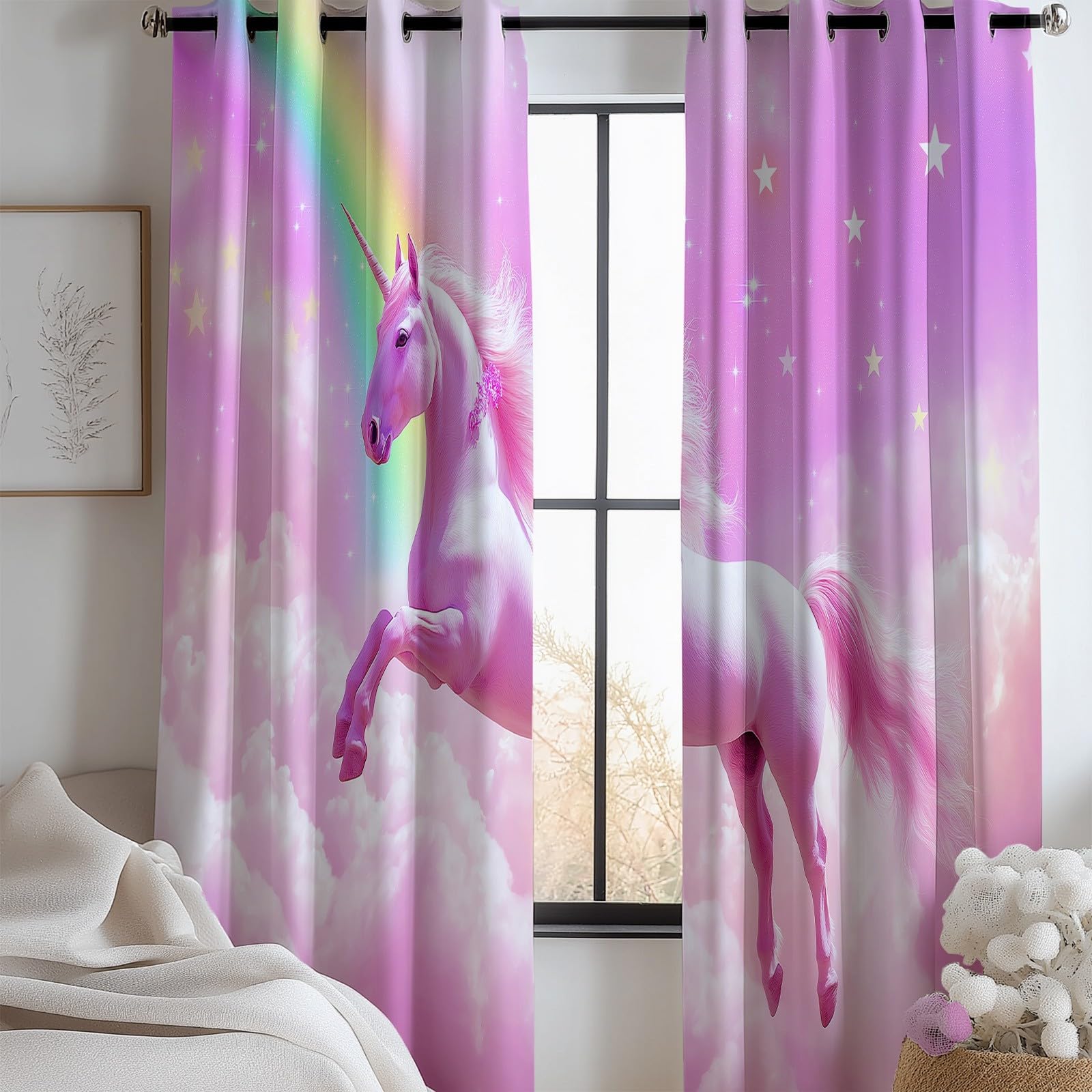 Rideaux Occultants Thermiques Licorne Arc-en-Ciel Violet, Rideaux Opaques à Œillets pour Salon et Salle à Manger, Isolation Thermique Moderne, L140 x H245 cm, Lot de 2
