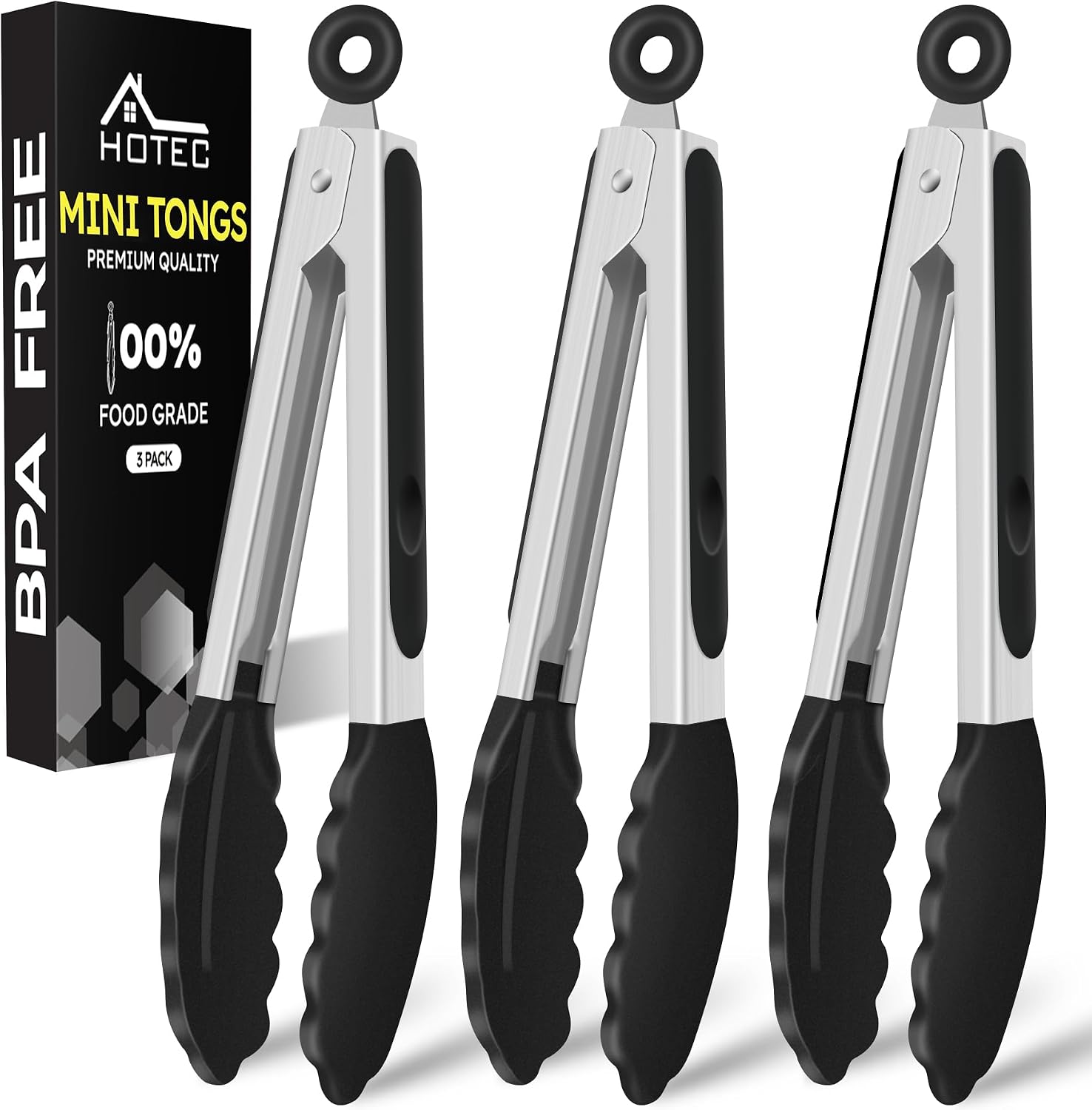 HOTEC Small Silicone Kitchen Tongs 7-Inch Mini Serving Tongs, Set of 3