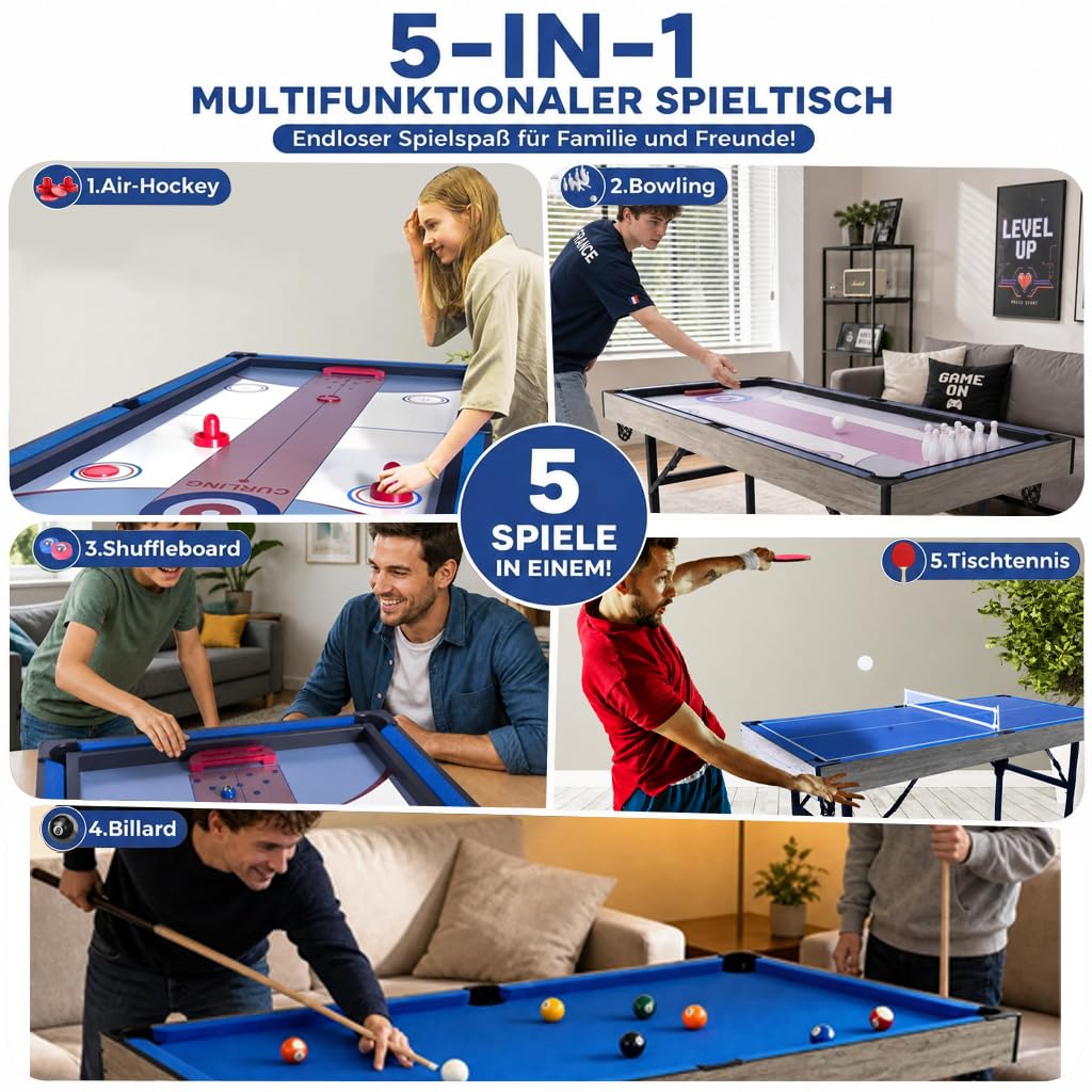 Multifunktions-Spieltisch 5 in 1 Klappbar mit Komplett-Zubehör, Multi-Game Tisch Billard, Tischtennis, Air Hockey, Bowling & Shuffleboard, Platzsparender Indoor Spieltisch für Wohnzimmer