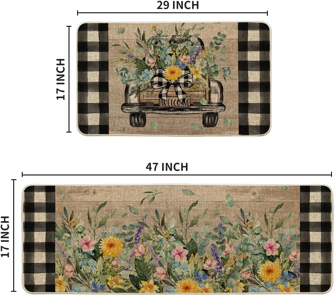 Artoid Mode Truck Flowers Spring Kitchen Mats Set of 2, Summer Home Decor Low-Profile Kitchen Rugs for Floor - 17x29 and 17x47 Inch