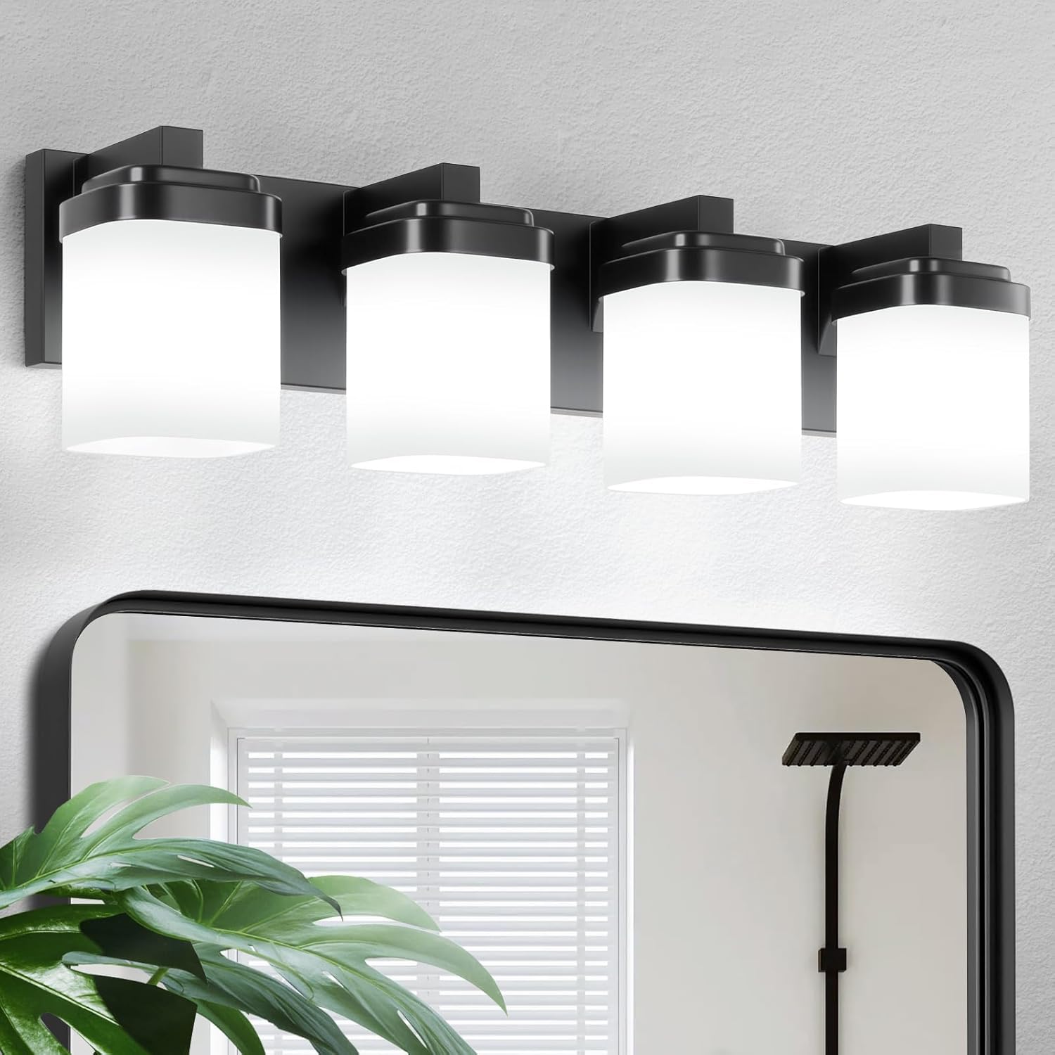 4-Light Black Vanity Lights, 24 Inch Bathroom Light Fixtures with Milky White Square Glass Shade, Modern Vanity Light Over Mirror Wall Sconces - E26 Socket (Bulbs Not Included) Black 4-Light