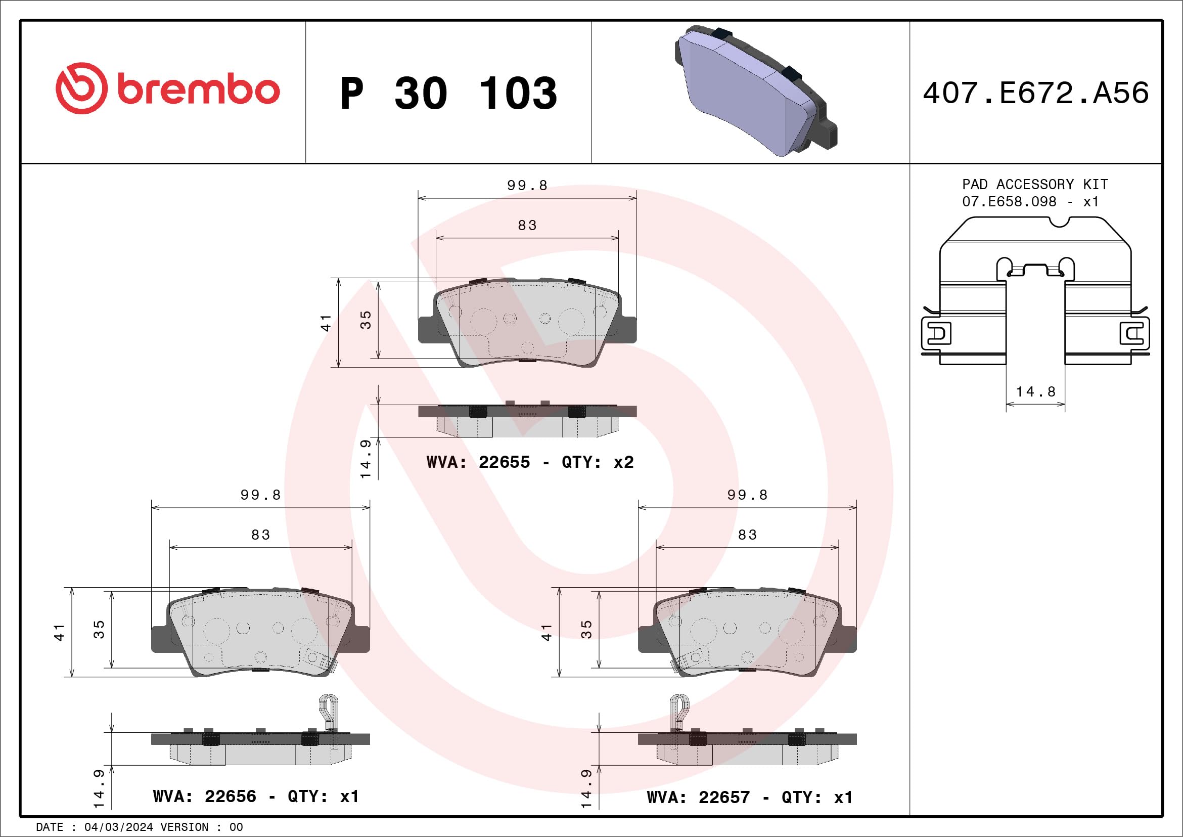 1 Juego de pastillas de freno BREMBO P 30 103 adecuado para HYUNDAI KIA