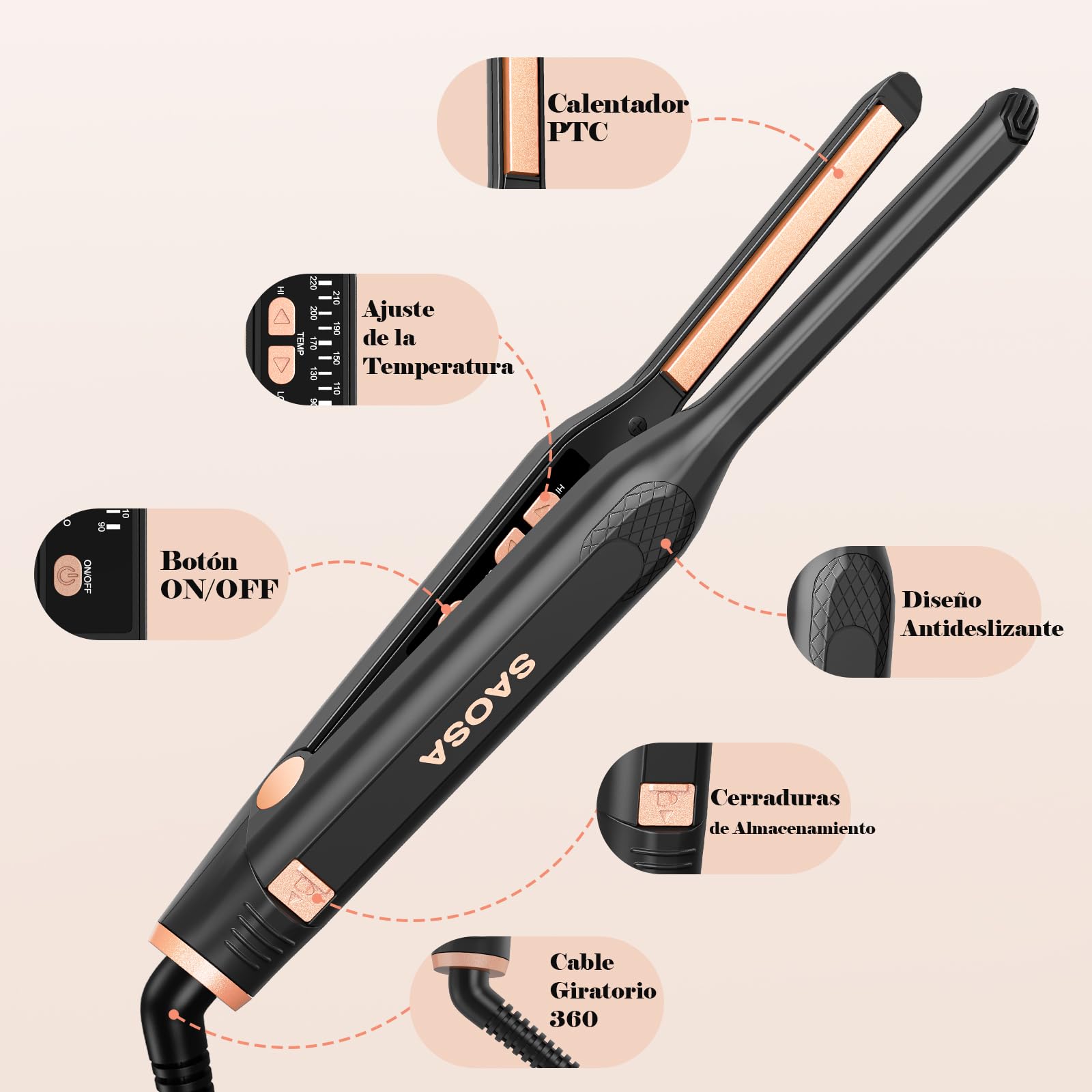 Mini Plancha de Pelo, SAOSA Plancha y Rizador de Pelo 2 en 1Plancha de Pelo Pequeña Para Pelo Corto Para Rizar y Alisar, Placa Calefactora de Cerámica, Doble Voltaje, 90-220°C, Oro rosa (s)