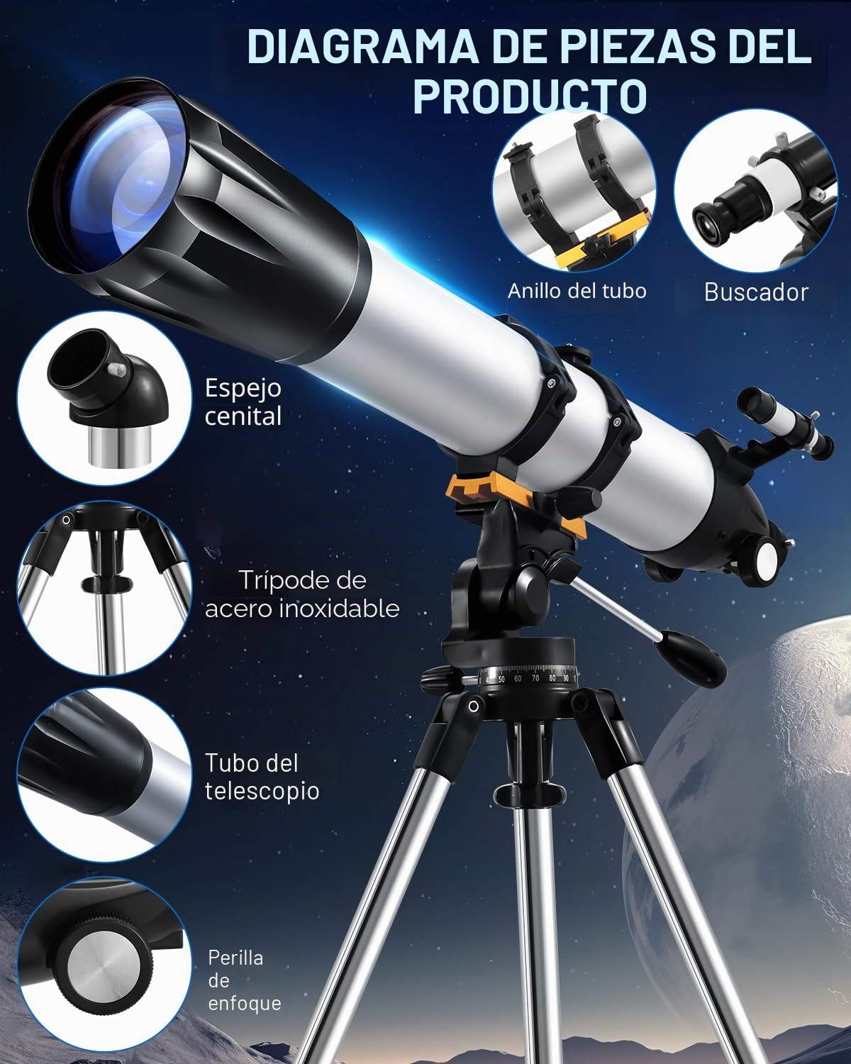 Telescopio Astronómicos para Adultos, Telescopios Refractores con Trípode, Telescopios Refracción 90mm Apertura 900mm para Niños Principiantes, Telescope portátil con Barlow, Teléfono Soporte