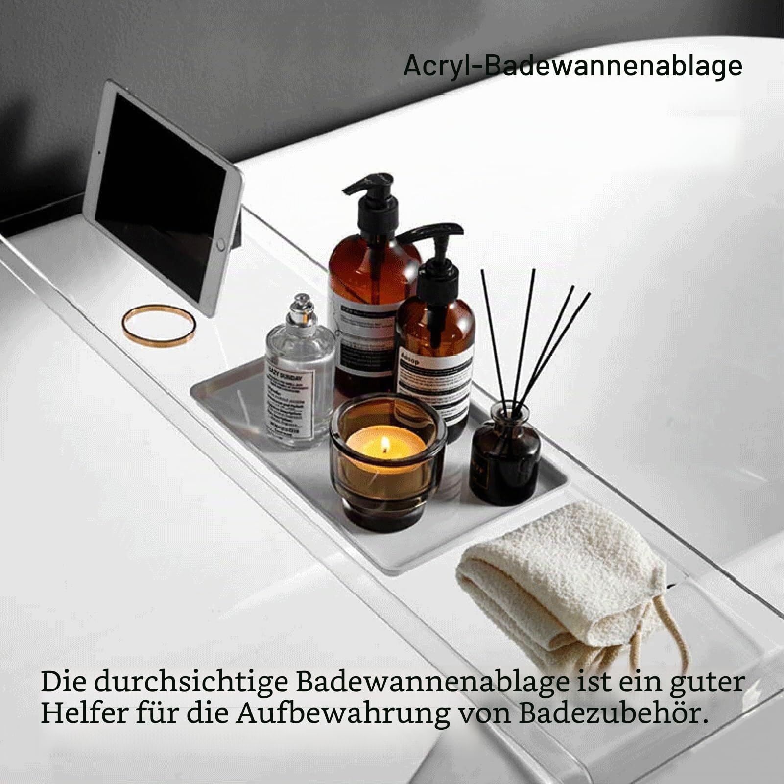 Acryl-Badewanne, durchsichtige Badewannenablage, Tisch zur Aufbewahrung von Seifen, Telefonen, Handtüchern, Kerzen(Transparent,70cm (27 1/2)