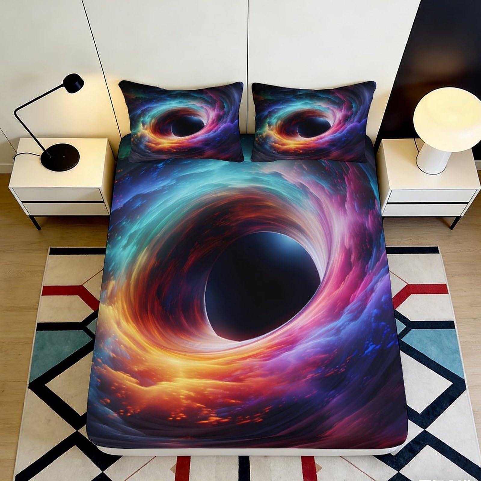 3D Printed Black Hole Fitted Sheet Microfiber Soft Breathable Cosmic Vortex Mattress Cover for Bedroom Dorm 200x200x25cm