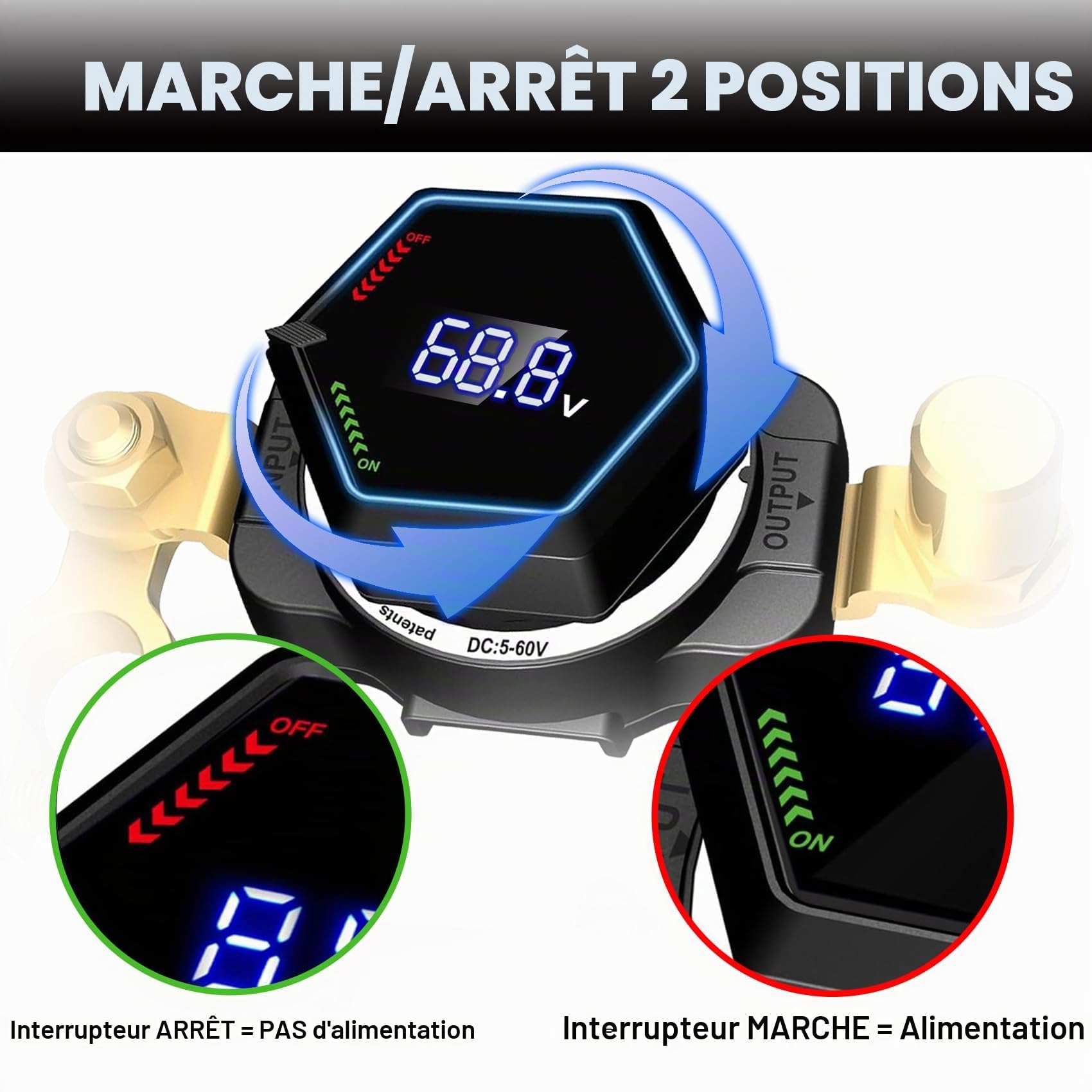 Coupe Circuit Batterie avec Voltmètre, DC 5-60V Coupe Batterie pour Bateau de Marine,Voiture,Camion,Caravane,Véhicules à Moteur (Style 3)