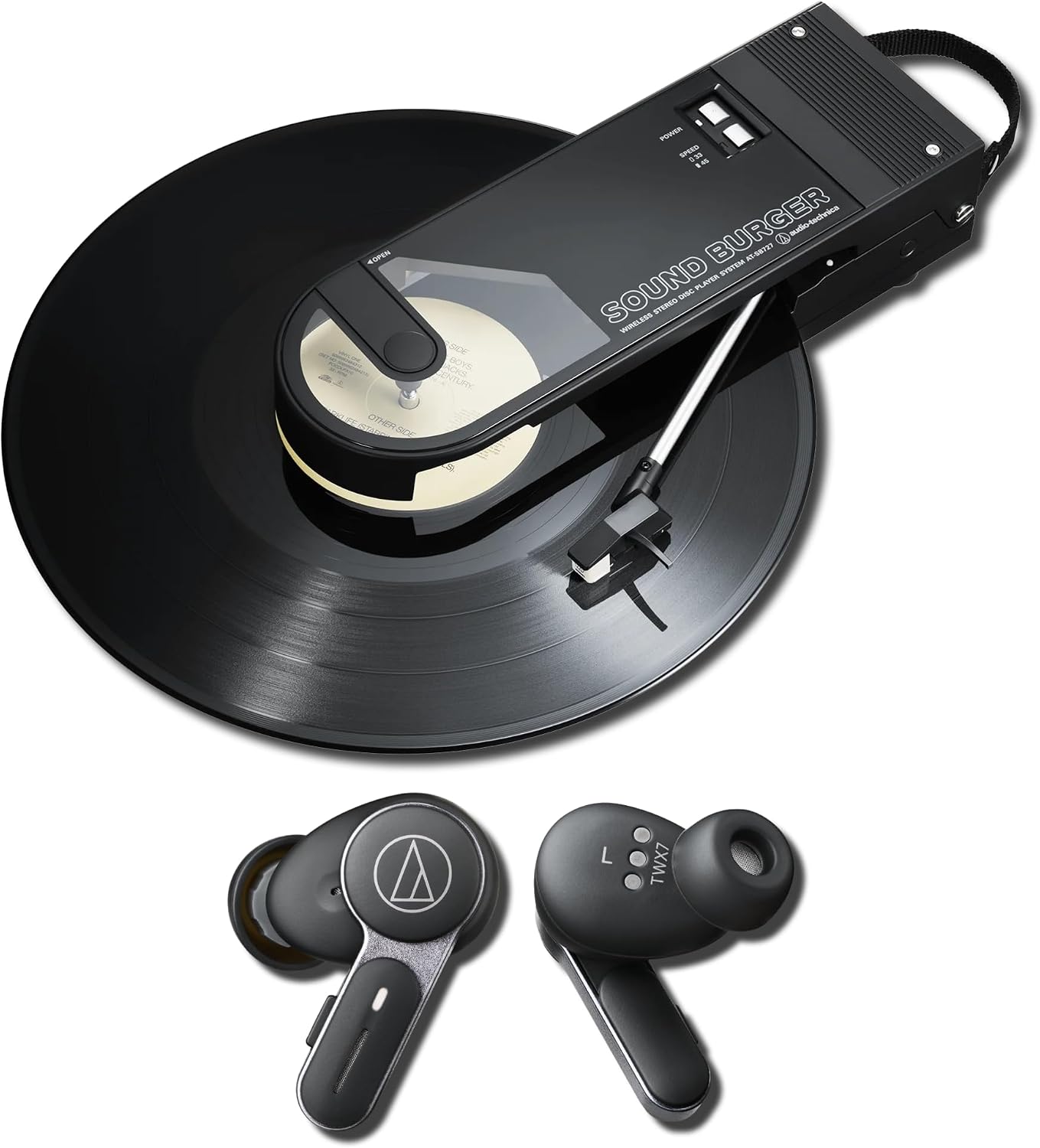 Audio-Technica AT-SB727 Sound Burger Bluetooth Turntable Bundle with ATH-TWX7 Noise-Cancelling Earbuds, Black — Belt-Drive Vinyl Player with LDAC Hi-Res ANC Earbuds for Commuting, Travel, and Home