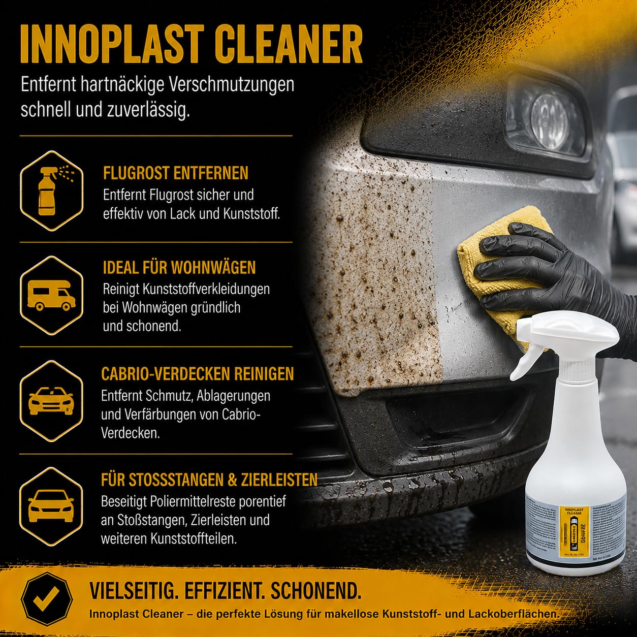 2 Stück Innotec Innoplast Cleaner Flugrostentferner - entfernt Flugrost, Nikotin, Fett, Schmutz - Innoplast Cleaner 500ml + Reinigungsschwamm - Silikonfrei für Lackierereien und Karosseriewerkstätten