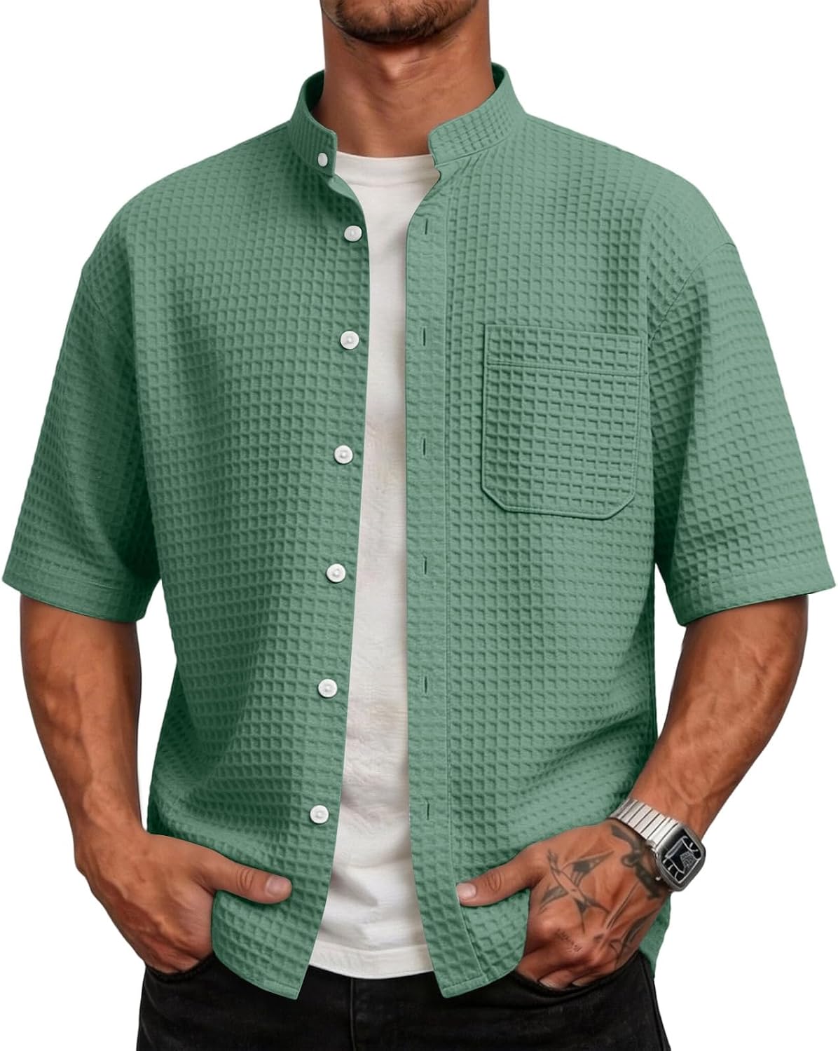 RTRDE Men's Summer Button Down Shirts Short Sleeve Waffle Knit Casual Stand Collar Beach Dress Shirts, S-3XL