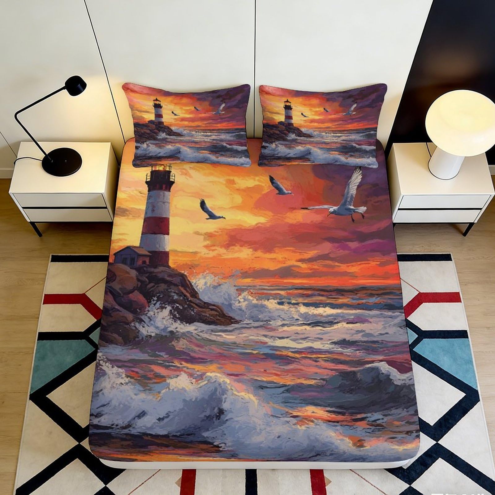 3D Printed Sunset Lighthouse Fitted Sheet Microfiber Soft Ocean Wave Bed Cover for Bedroom Decor Mattress Protection 90x200x25cm