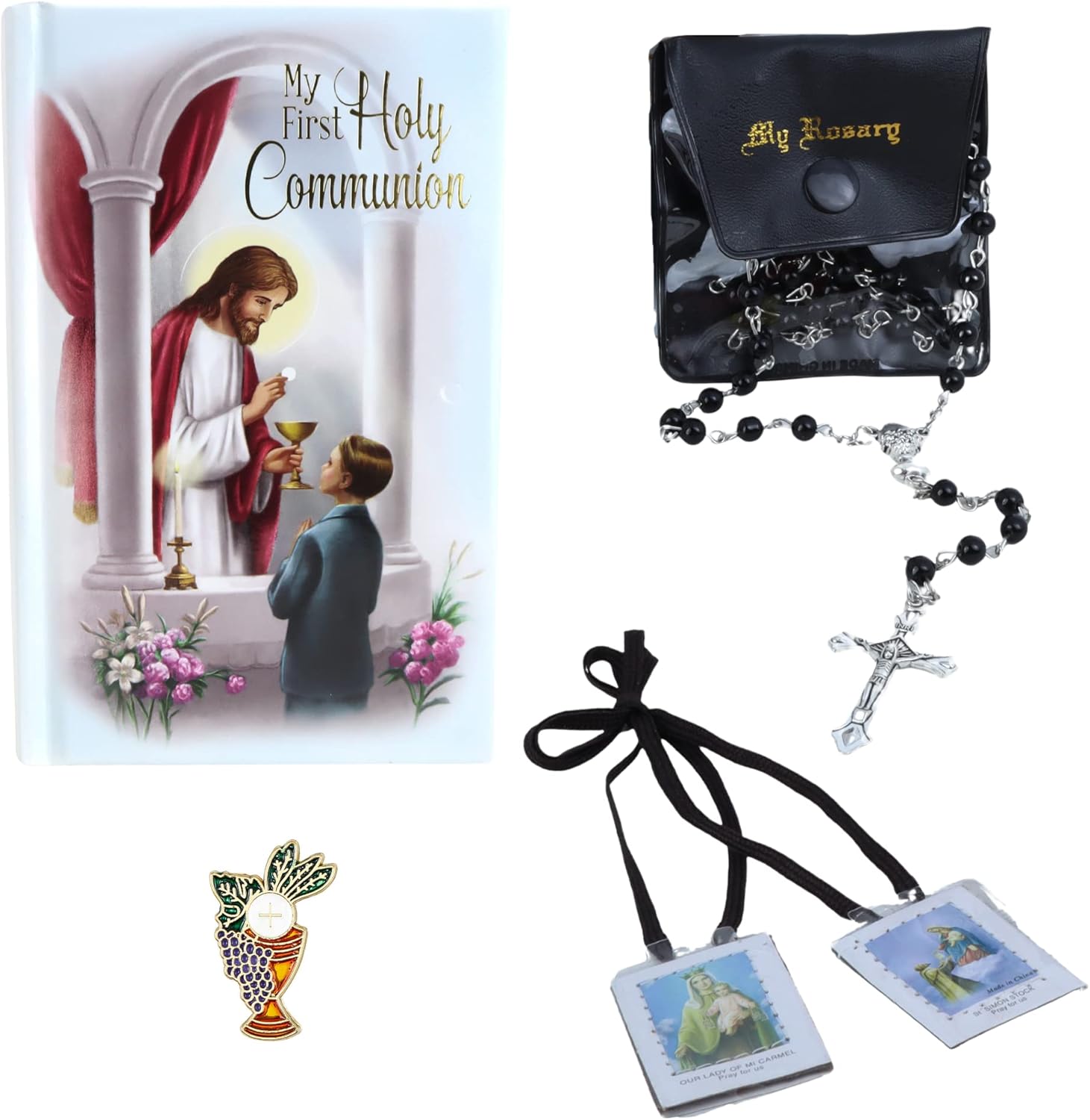 Needzo First Communion Set for Boys, Black Rosary, Scapular, Lapel Pin, and Book Included, Catholic Keepsake Gifts
