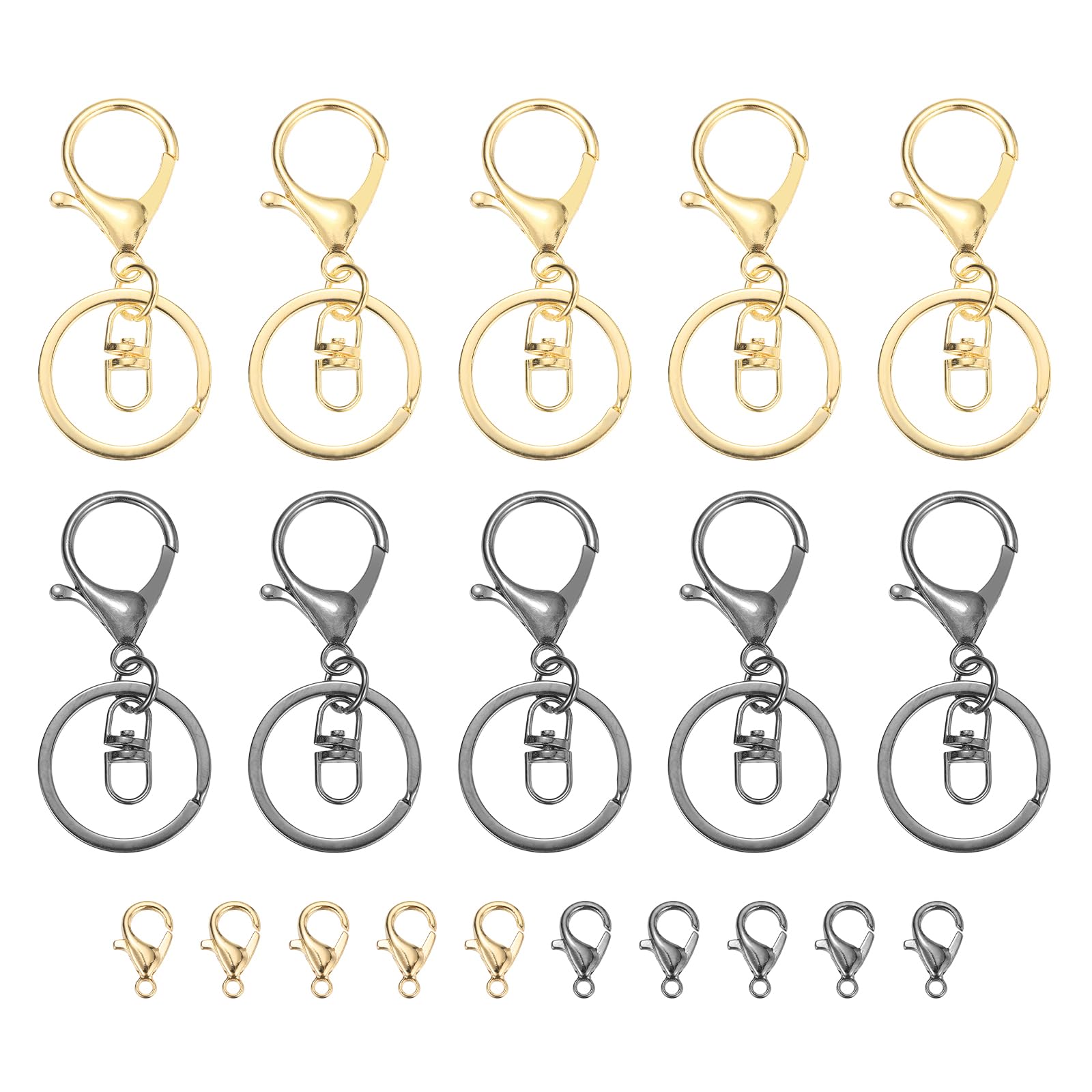 uxcell Lobster Claw Clasps Keychain, 10 Pcs Metal Lobster Claw Clasp Hook with Swivel Trigger Clip and Keychain Ring for DIY Craft Key Chain Accessories, Light Gold/Black Gray