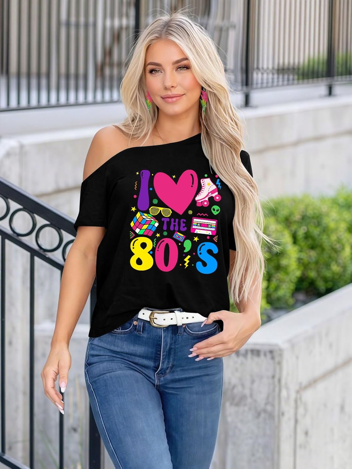 80s Shirts for Women Retro Off The Shoulder Top Disco 80s 90s Theme Party Outfit - Image 5