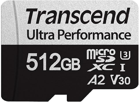Transcend USD340 A2V30 Micro SD Card 512GB, Up to 160MB/s for Nintendo-Switch/GoPro/Insta360/DJI/Drone, Action Cam/Steam Deck/ROG Ally/MSI Claw UHS-I U3 C10 4KUHD Video microSDXC MemoryCard w/Adapter