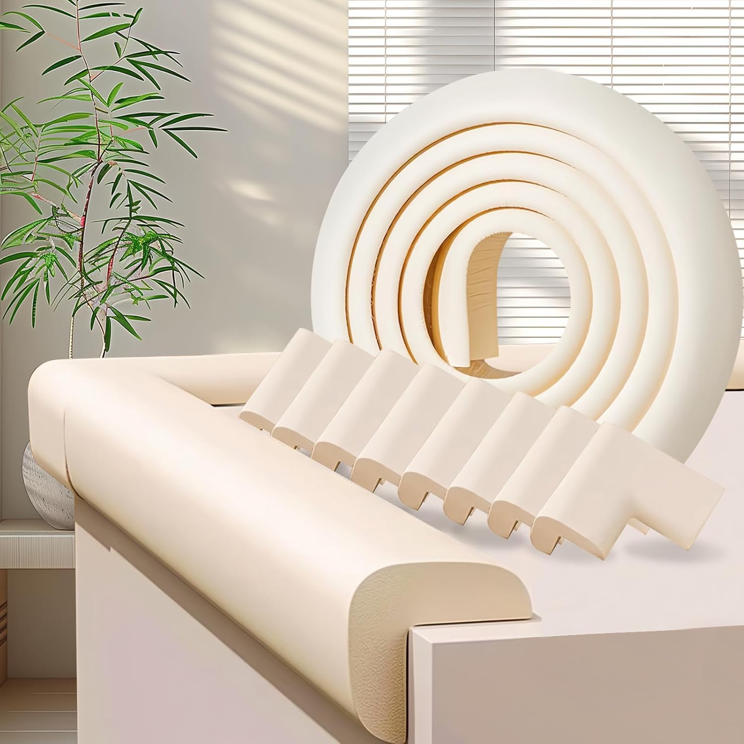 ZOMPAGO Baby Proofing Edge & Corner Protectors – 1 Roll L-Shape Foam Bumper Strip + 8 Furniture Corner Protectors for Nursery,Kitchen,Wall,Table,and Fireplaces,White
