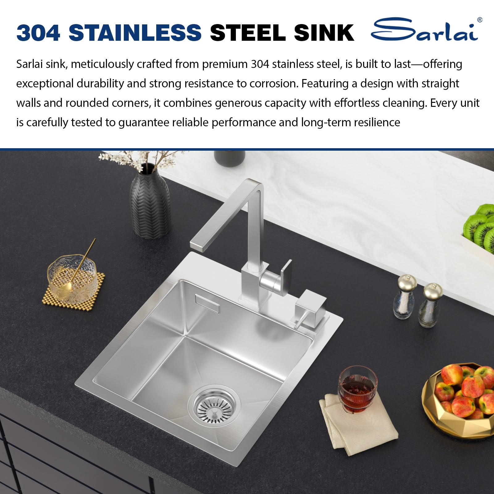 Sarlai Fregadero de cocina de acero inoxidable 304 de 35 x 40 x 18,5 cm con rebosadero | Fregadero pequeño de montaje superior con 2 agujeros para grifo, cuenco para cocina, bar, caravana y exteriores