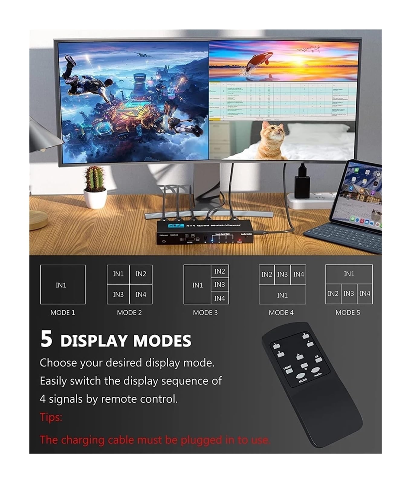Przełącznik wideo, 4K Quad Multi-viewer Segmentacja ekranu 4x1 Wieloekranowy przełącznik bezproblemowy Multiplekser wideo Lewy Prawy Podwójny wyświetlacz dla biur domowych, centrów danych