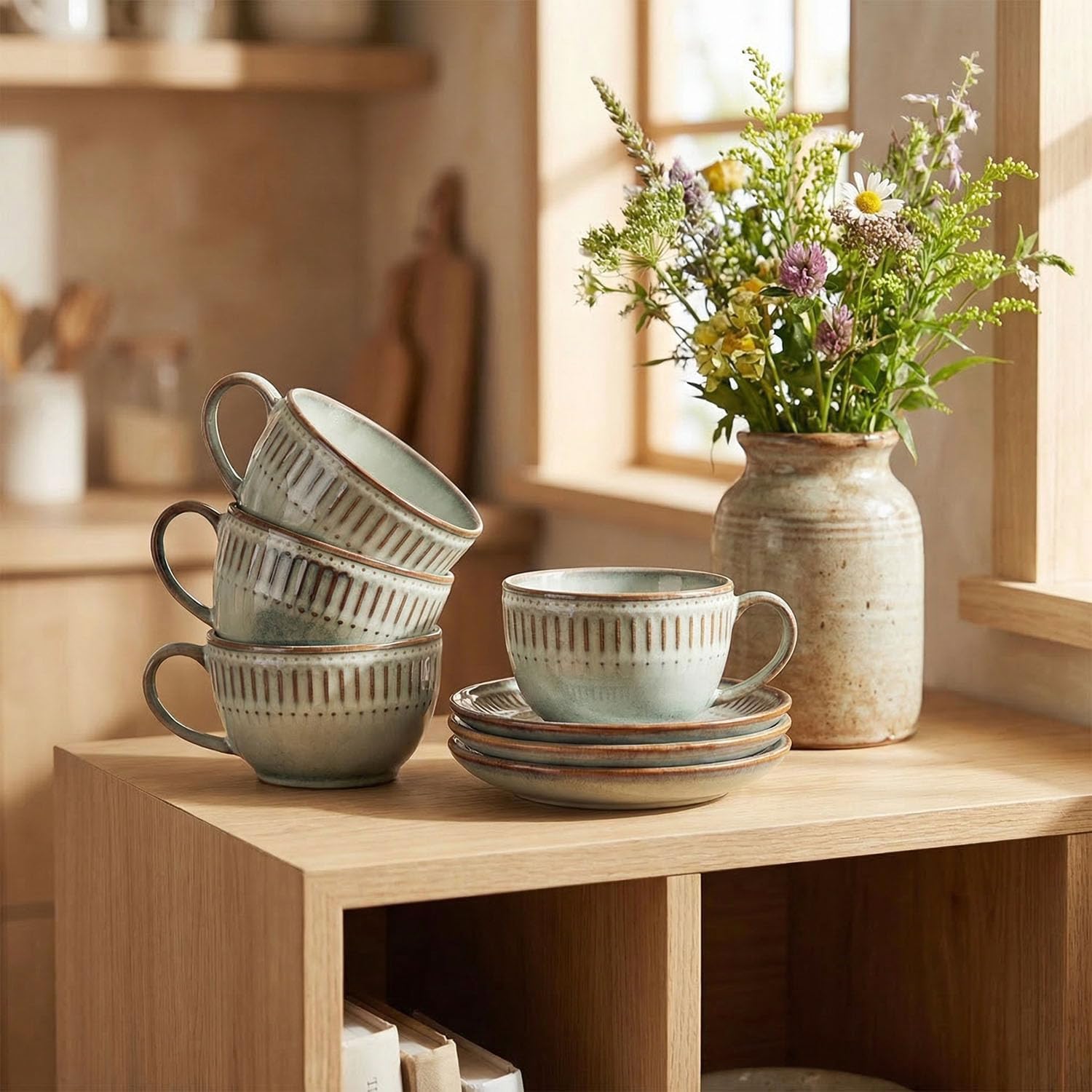 Cappuccino cup with tray, 8.5 oz. Set of 4 Ceramic Coffee Cups and Saucer Set for Latte, latte art cup, suitable for latte/cappuccino/milk/tea