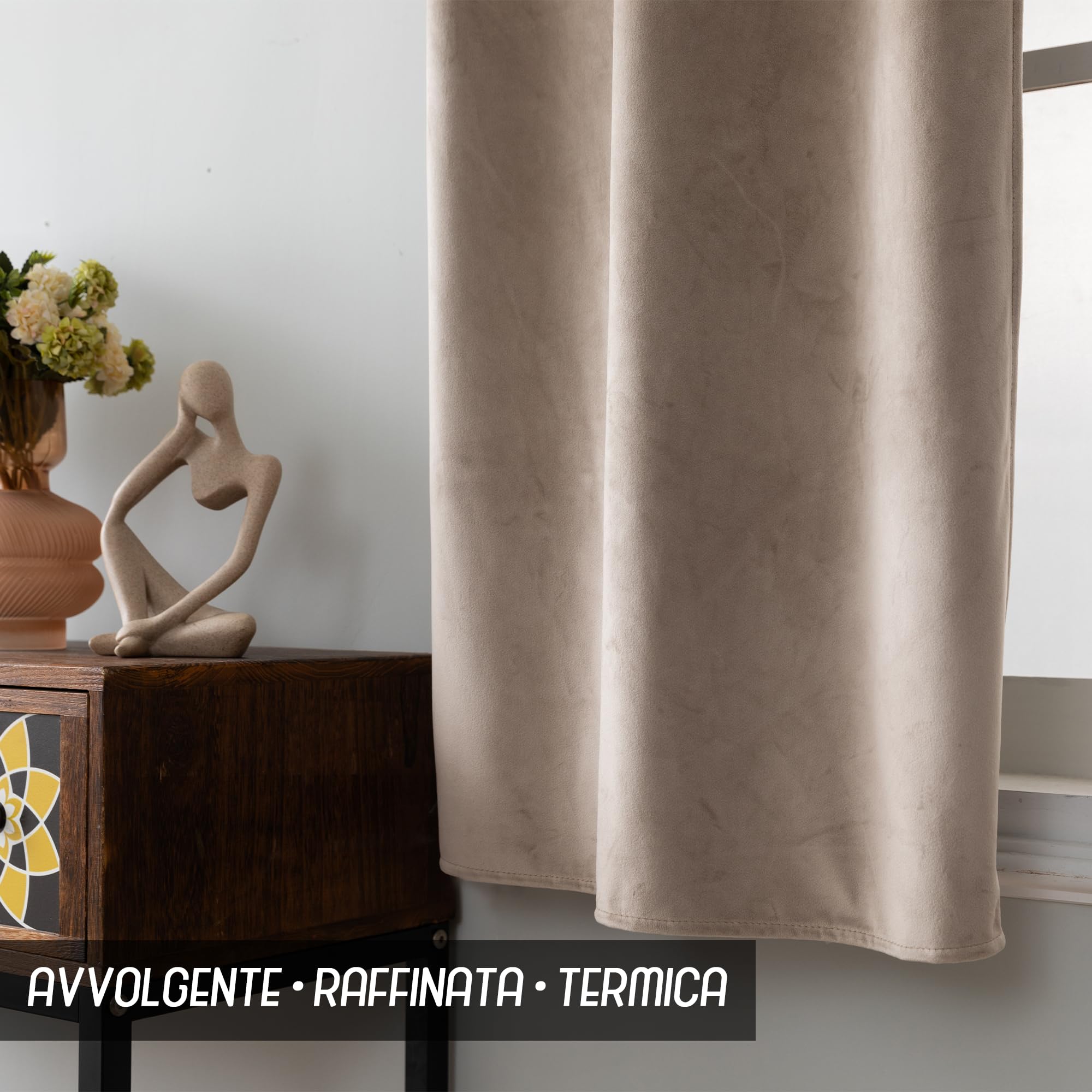 GIRASOLE HOME Coppia Tende Adelaide Morbide Oscuranti Termiche in Velluto 2 Pannelli da 70x150cm con Tasca, Tortora