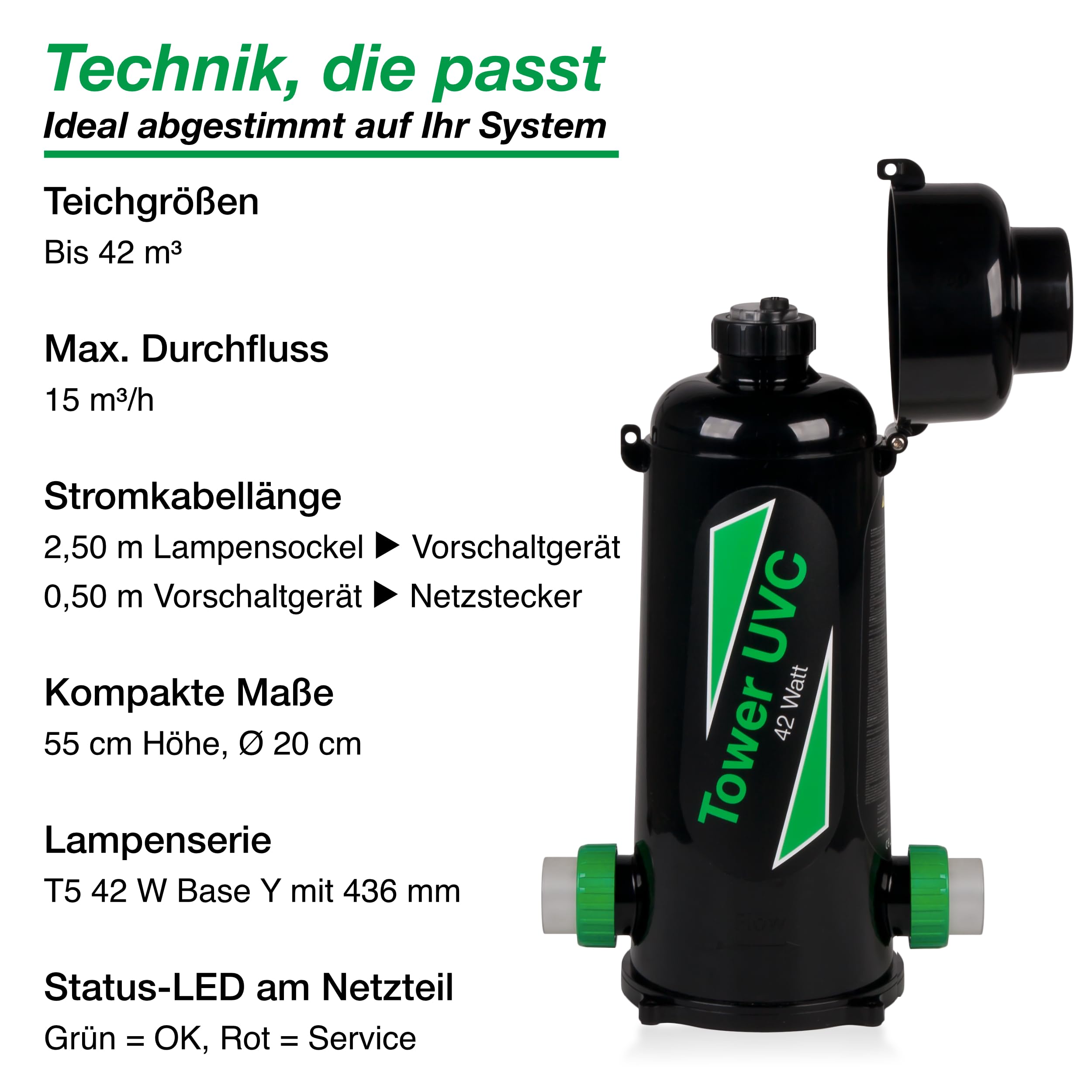 Wagner Green Tower UV-C 42 Watt Teichklärer | Wasserklärer ohne Chemie | UVC Lampe Algenvernichter | Desinfektion für klares Wasser im Teich bis 42.000 L