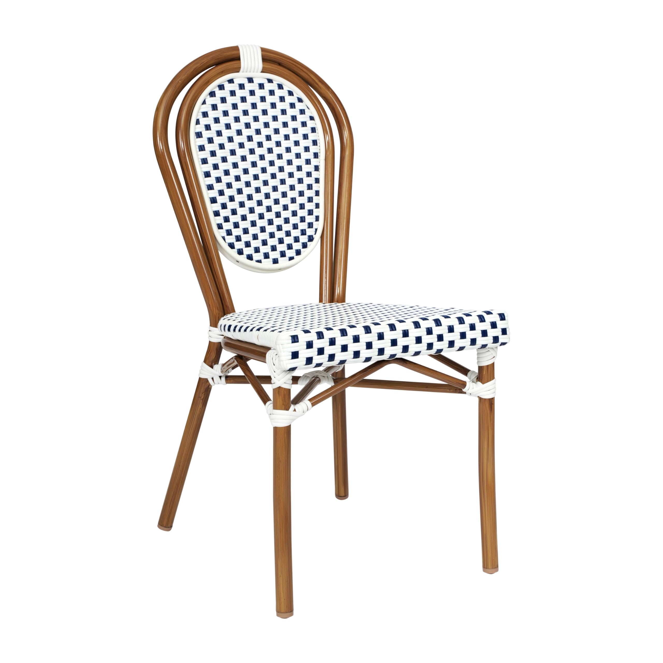flash furniture lourdes indoor/outdoor commercial thonet bistro stack chair - white/navy pe rattan back and seat - natural bamboo print metal frame