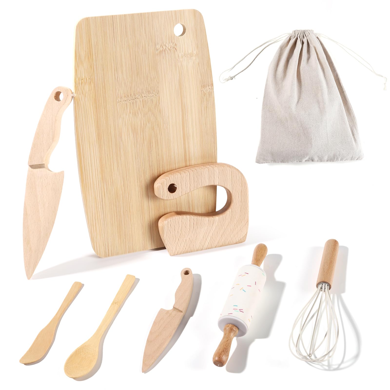 IHFAIO Kids Knife Set for Real Cooking, 8 PCs Kids Cooking Sets for Little Chef, Nature Wood Utensil