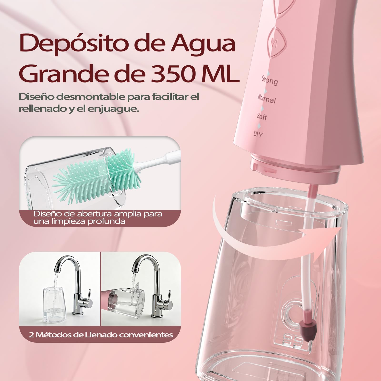 OasiSmile Irrigador Dental Portátil, 350 ML Irrigador Bucal con Tecnología DIY Autoajustable, 5 Boquillas y 4 Modos, Ideal para Ortodoncia y Encías Sensibles, IPX7 Recargable para Viaje Hogar, Rosa