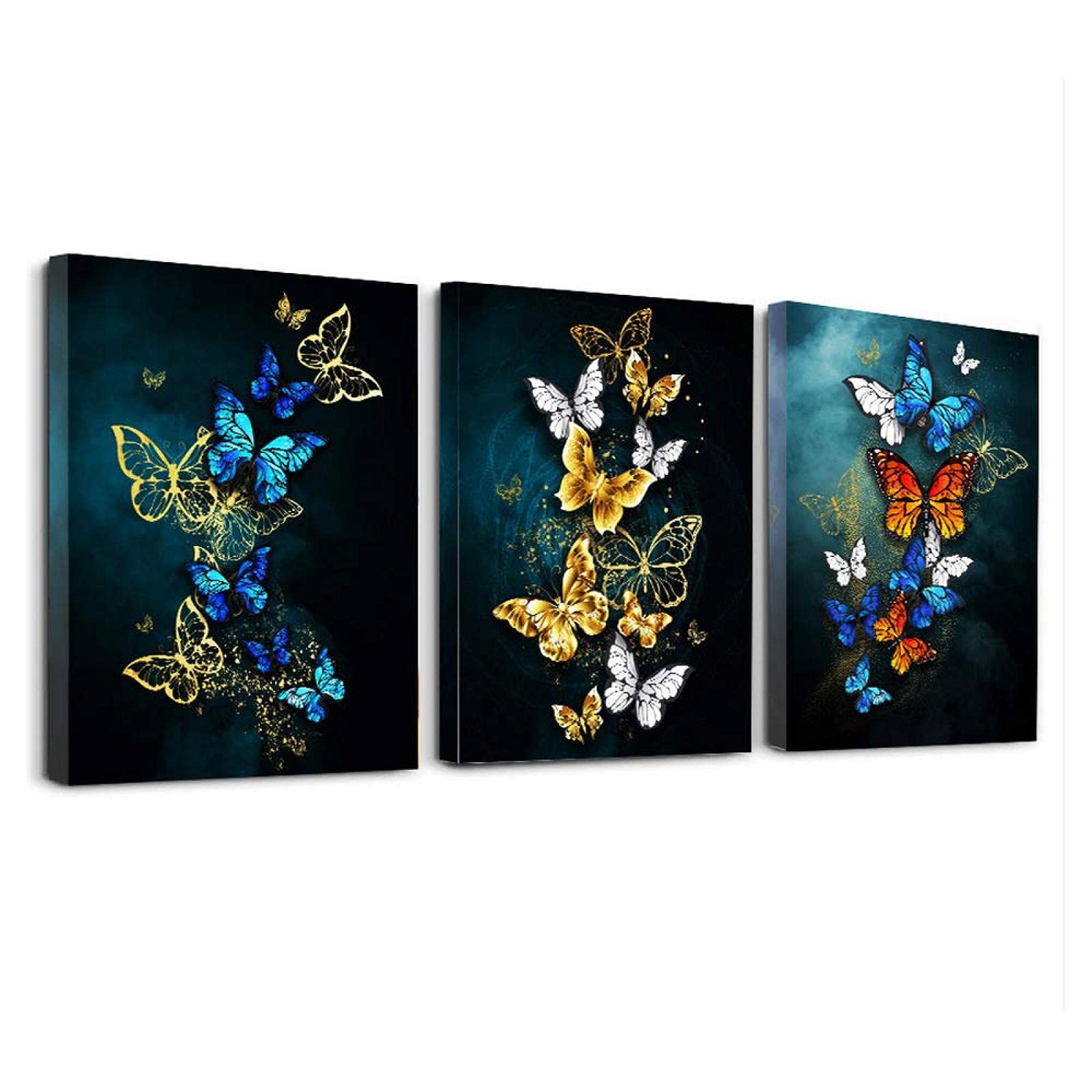 Decoración de la pared de la sala de estar Arte de la pared de la lona para el dormitorio Pintura de la pared del baño Obra de arte Fondo azul Mariposa abstracta 70x90cm (28x35in) x3 Marco interior