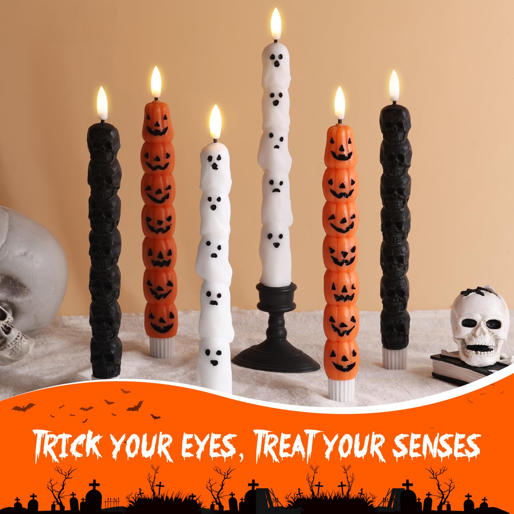 Eywamage White Ghost Candele coniche senza fiamma con telecomando, candele tremolanti in vera cera a batteria LED, set di 4