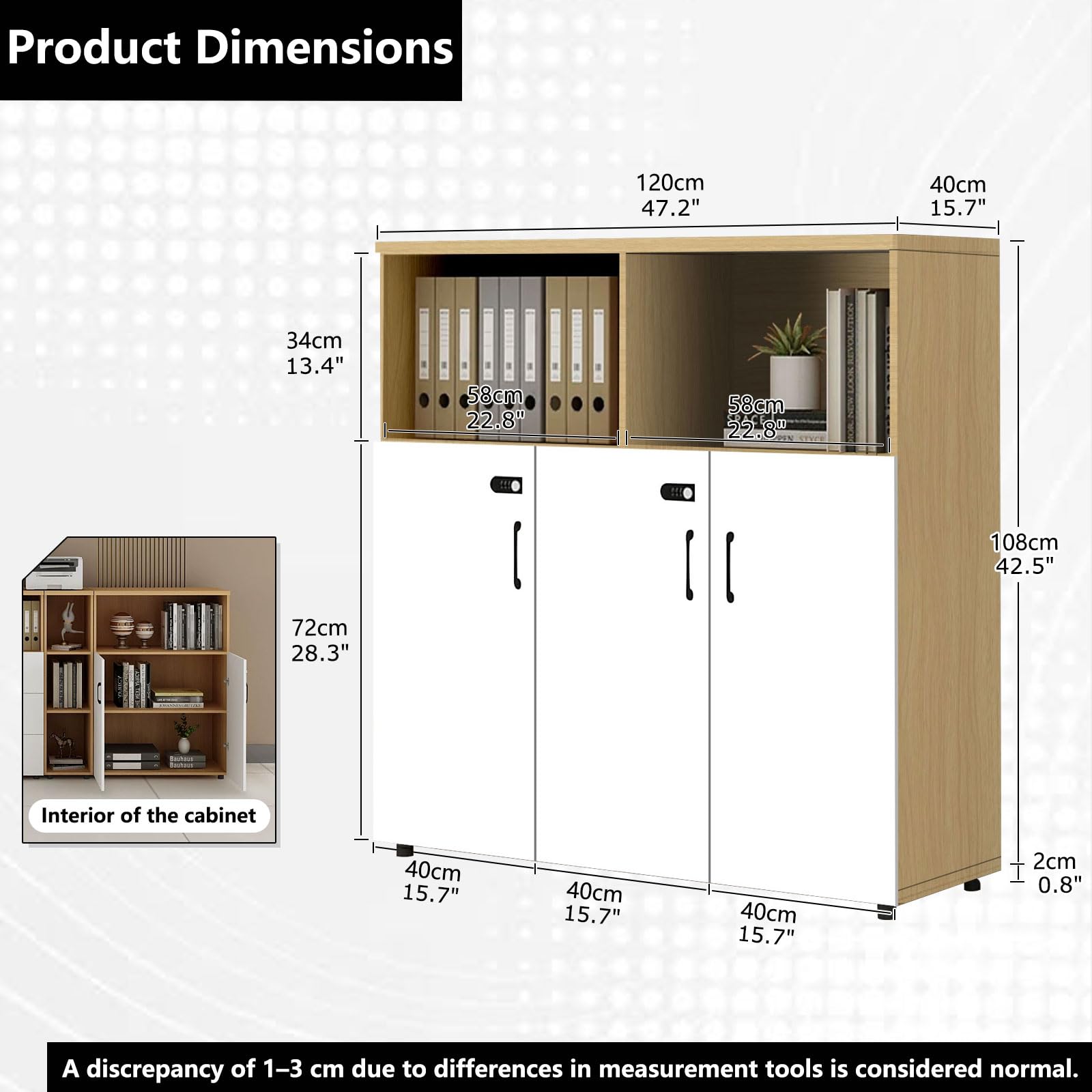 Aktenschrank Holz Querformat mit Zahlenschloss, Büroschrank mit 3 Schubladen und Tür, Druckertisch Aufbewahrungsschrank für Büro Homeoffice, A4 & Letter Ordner Schrank mit offenen Fächern