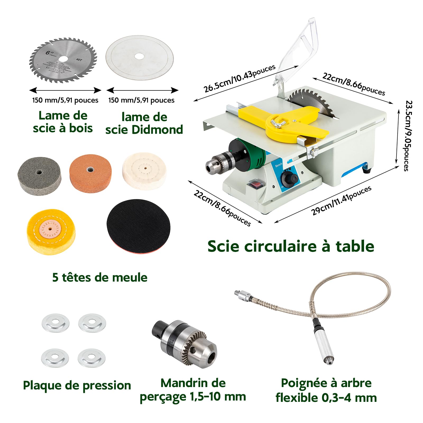 Polisseuse 5 en 1 - Scie circulaire de table - Petite polisseuse 800-10000 tr/min - 750 W - Jade électrique - Polisseuse de table et scie de table avec lames pour polissage/coupe/polissage