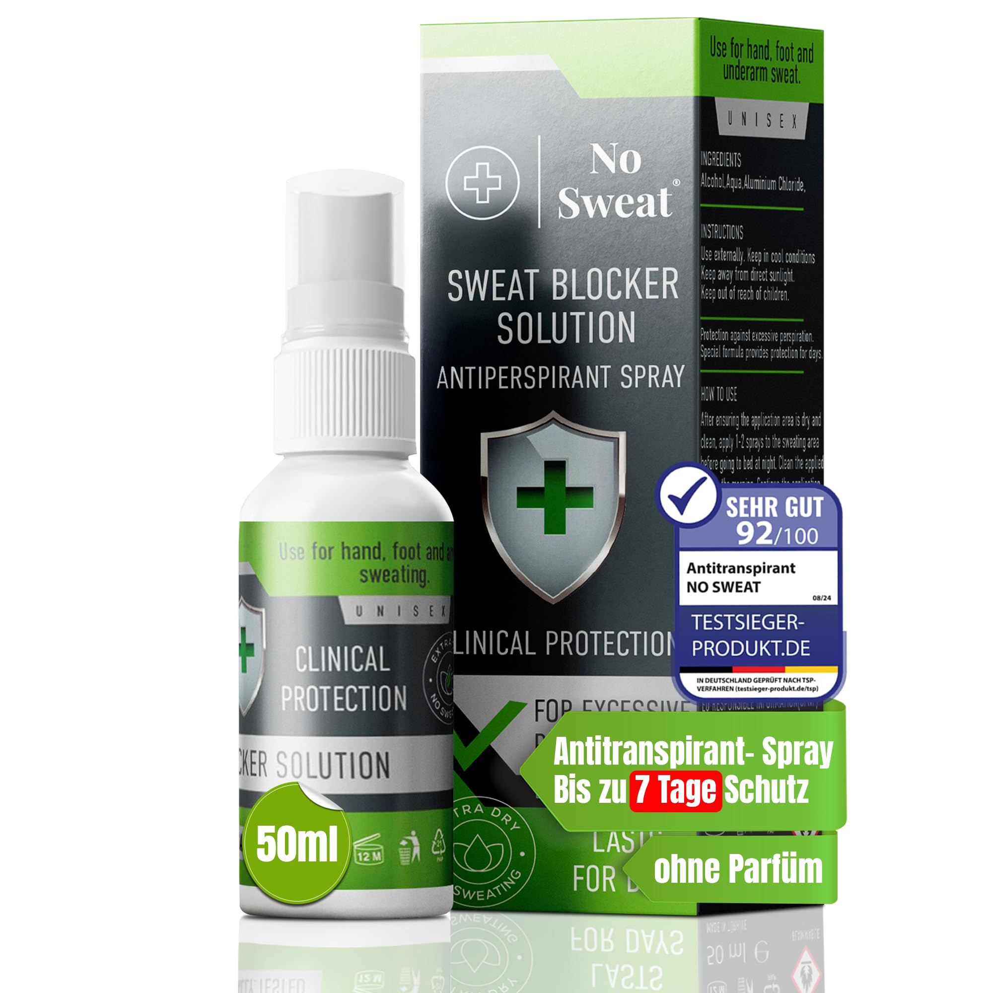 NO SWEAT Force maximale, déodorant puissant Liquide pour le traitement de la transpiration excessive et de l'hyperhidrose, dure jusqu'à 7 jours -50 ml)
