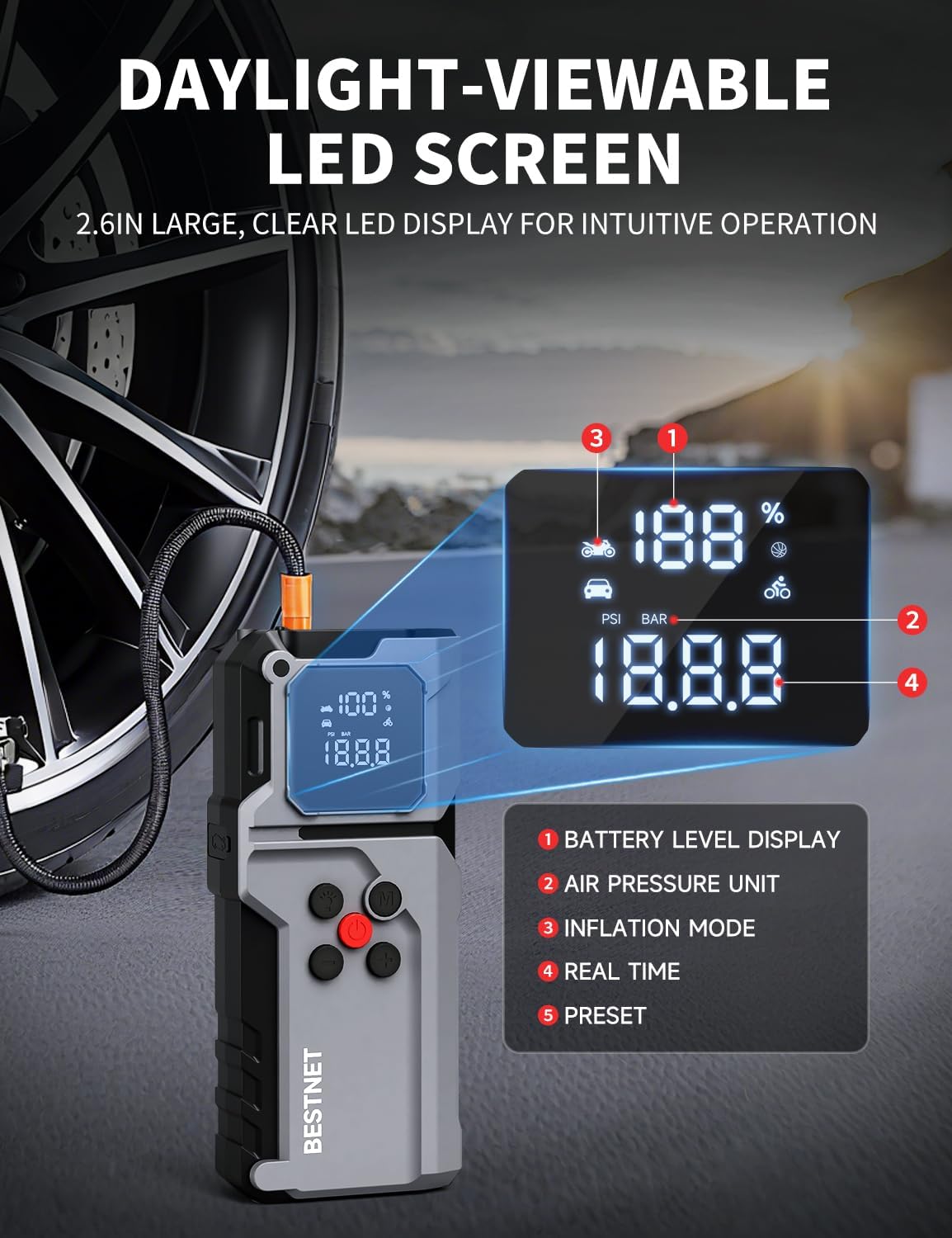 Q27 Jump Starter with Air Compressor, 3000A Portable Car Battery Booster, 150PSI Tire Inflator, Jumper Cables with LED Light, 12V Jump Box for Up to 7.0L Gas & 5.0L Diesel Engines - Image 6