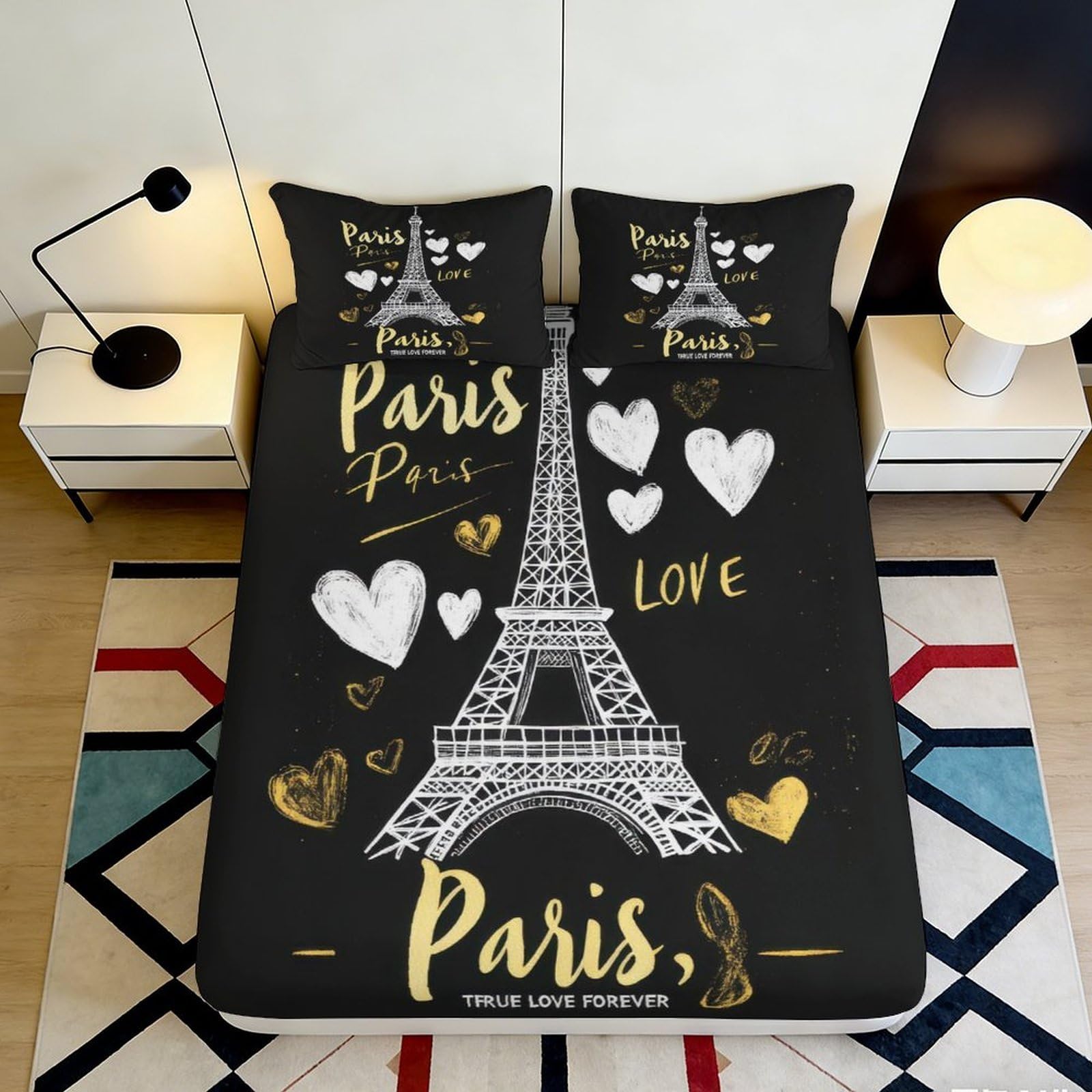 3D Printed Eiffel Tower Paris Fitted Sheet Microfiber Black Gold Bed Sheet for Bedroom Guest Room Decor 90x200x25cm