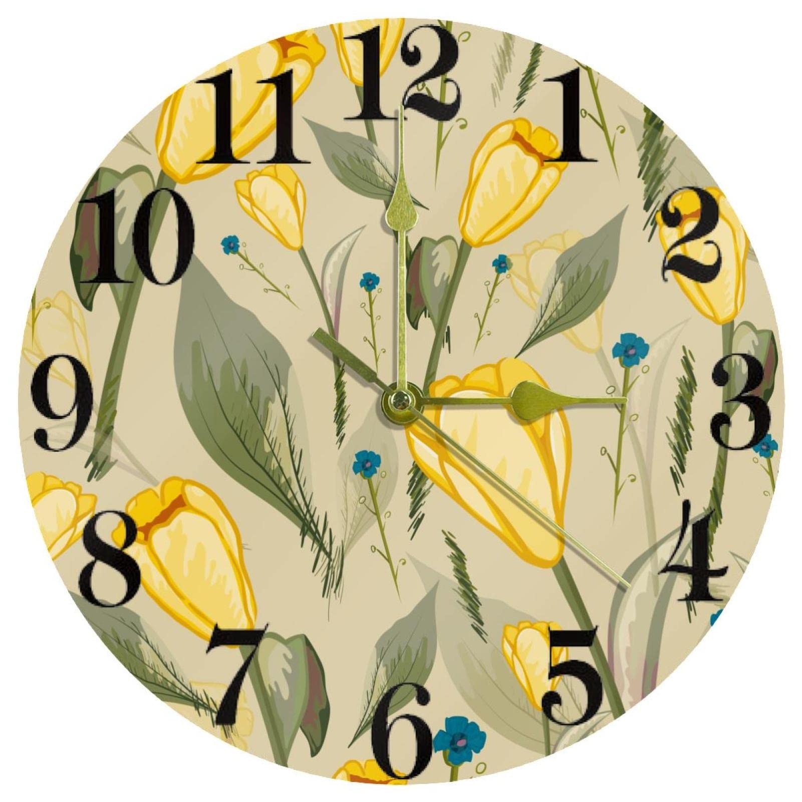 Horloge murale silencieuse à quartz fleur jaune sans tic-tac pour chambre
