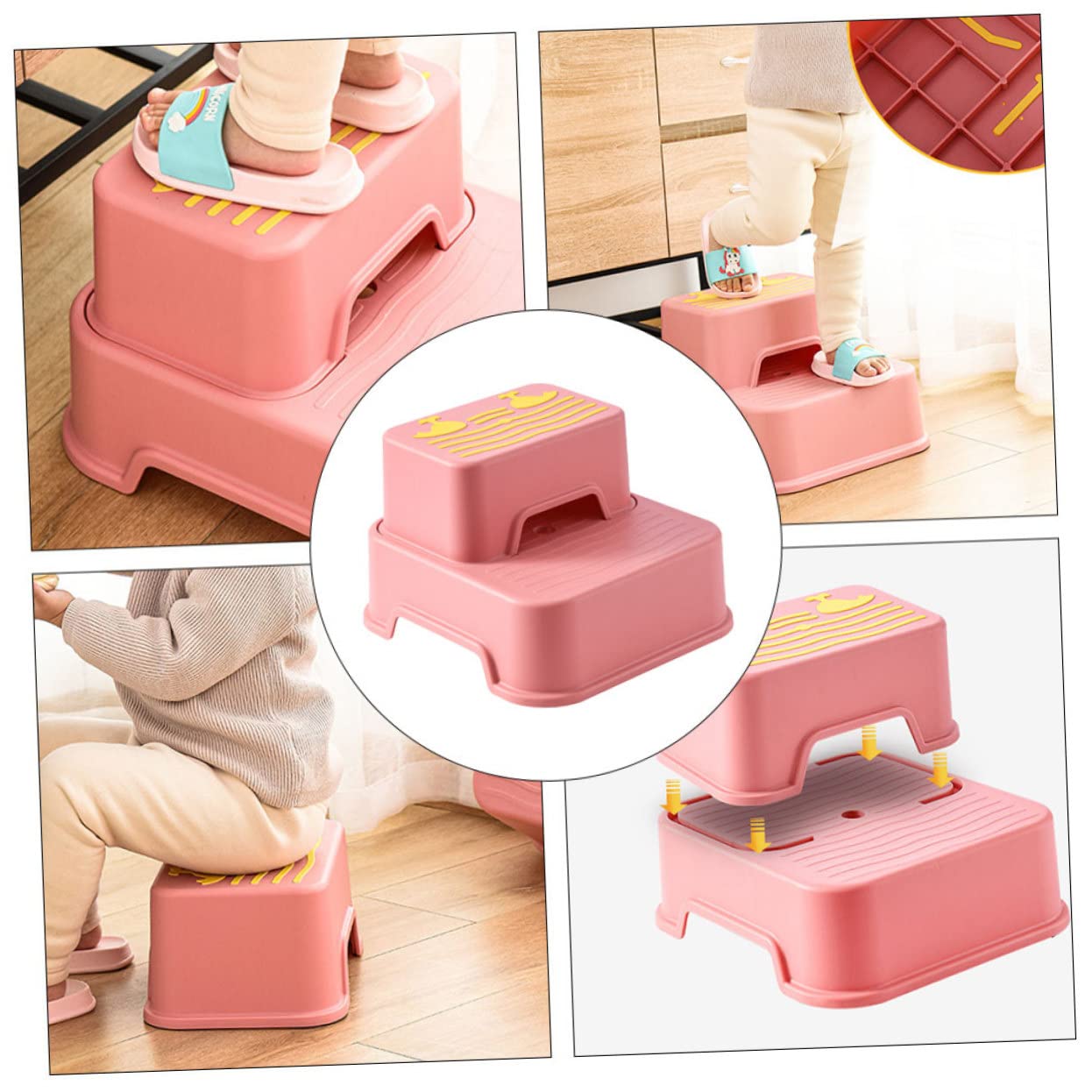 Cabilock Sgabello Antiscivolo per Ragazzo Ragazza, Struttura a 2 Livelli Staccabile, Stabile e Resistente All’usura, per Bagno e Cucina, Rosa