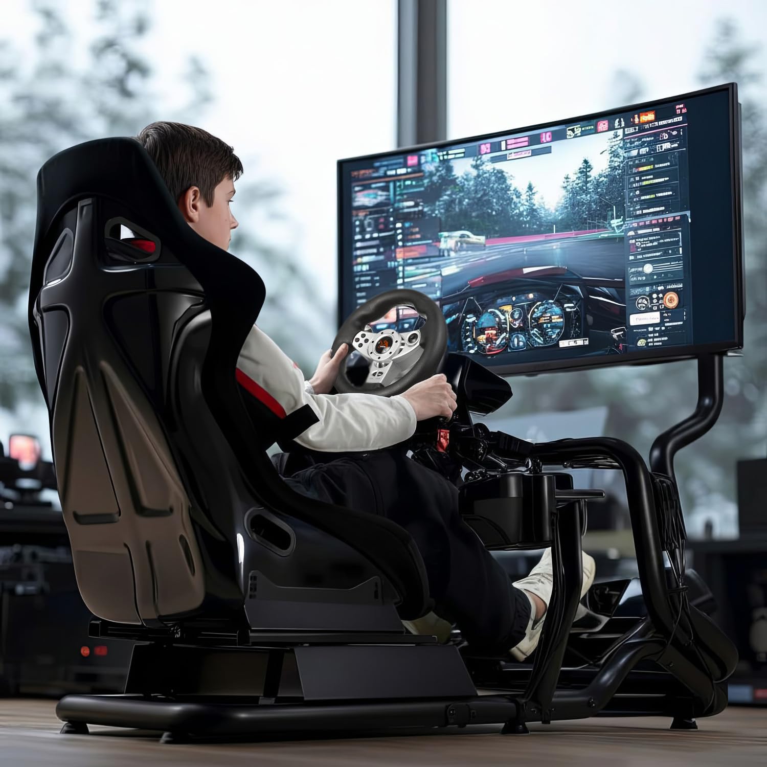 Stojak na Kierownicę Wyścigową z Fotelem oraz Uchwytem na TV czy Monitor, Regulowany Fotel do Gier, Symulator Wyścigów Kokpit 3 w 1, Siedzisko do 130kg, Odpowiedni dla PC i Konsol do Gier